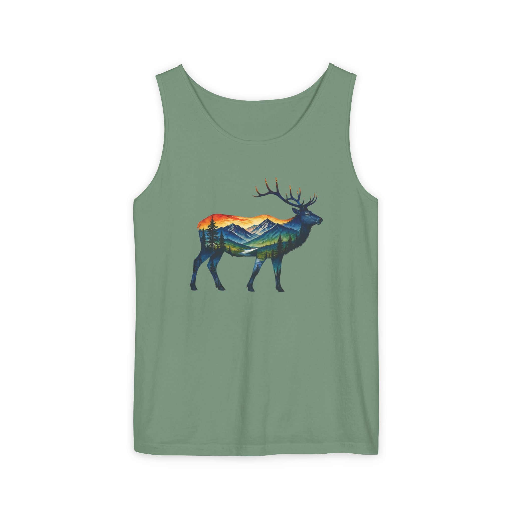 Mountain Elk Sunset Comfort Colors® 9360 Premium Tank Top, Nature Elk Graphic Tank Top, Wildlife Landscape Tank Top, Rustic Outdoor Adventure Tank Top, Forest Elk Tank