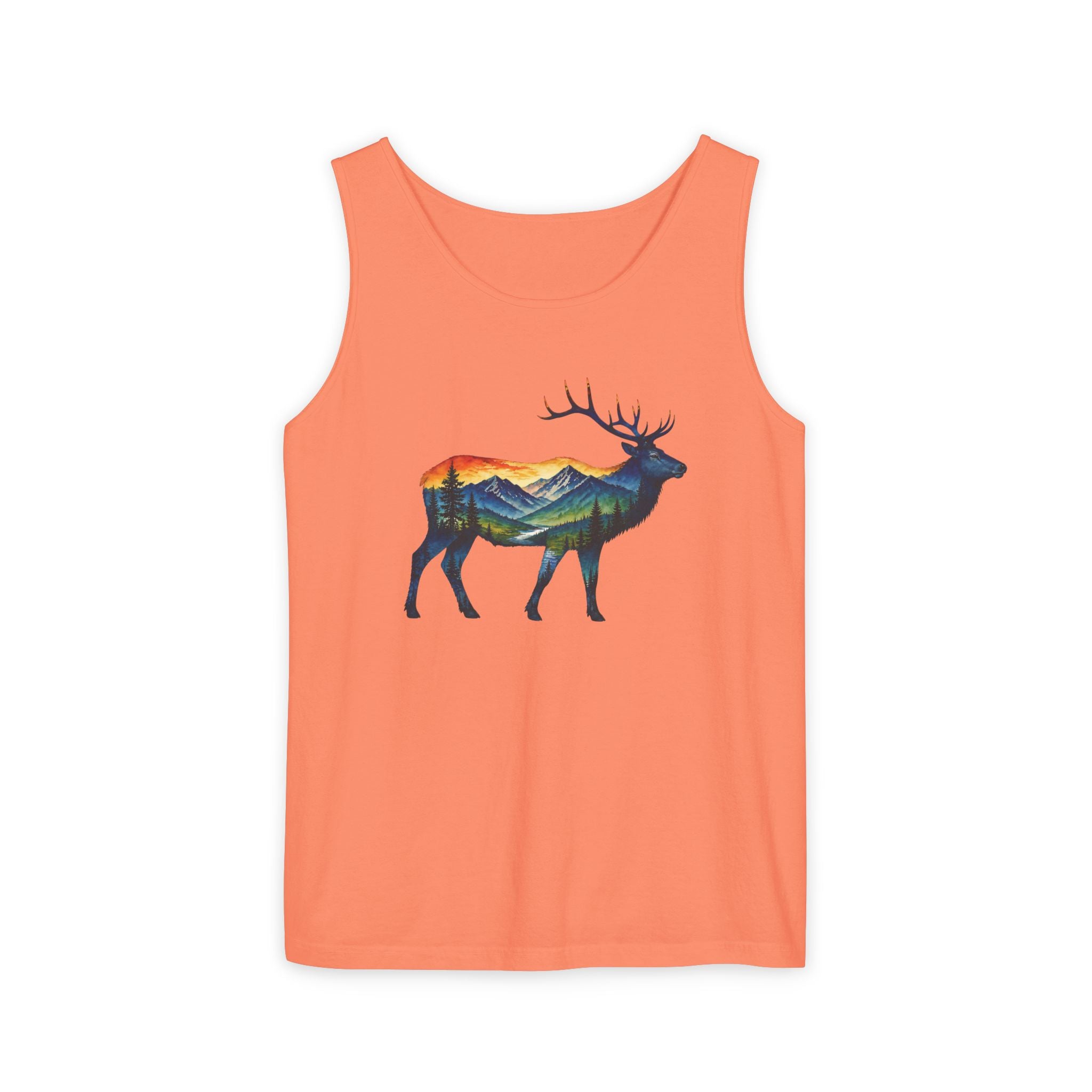 Mountain Elk Sunset Comfort Colors® 9360 Premium Tank Top, Nature Elk Graphic Tank Top, Wildlife Landscape Tank Top, Rustic Outdoor Adventure Tank Top, Forest Elk Tank