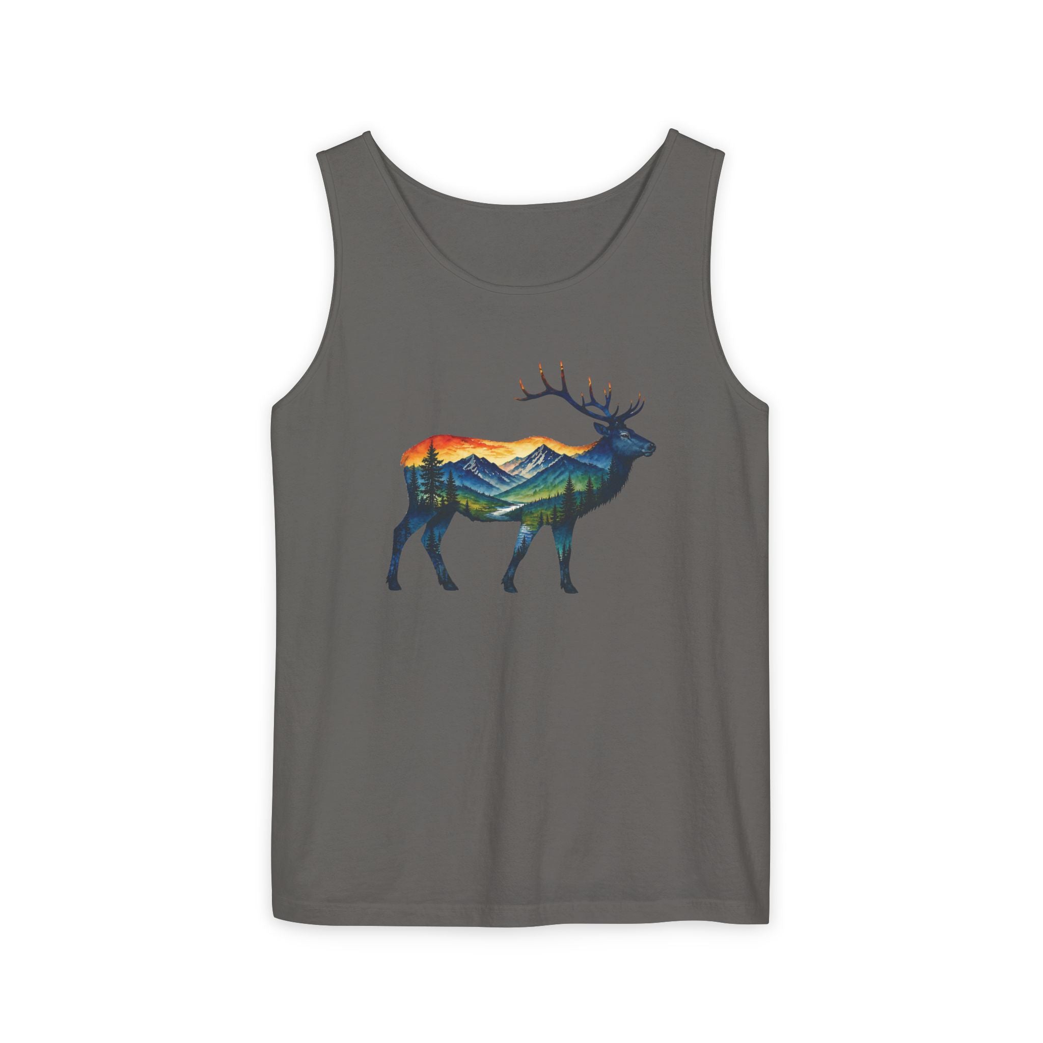 Mountain Elk Sunset Comfort Colors® 9360 Premium Tank Top, Nature Elk Graphic Tank Top, Wildlife Landscape Tank Top, Rustic Outdoor Adventure Tank Top, Forest Elk Tank