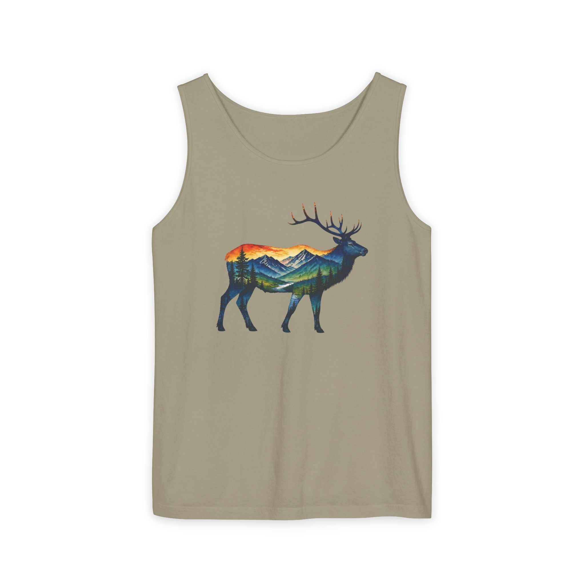 Mountain Elk Sunset Comfort Colors® 9360 Premium Tank Top, Nature Elk Graphic Tank Top, Wildlife Landscape Tank Top, Rustic Outdoor Adventure Tank Top, Forest Elk Tank