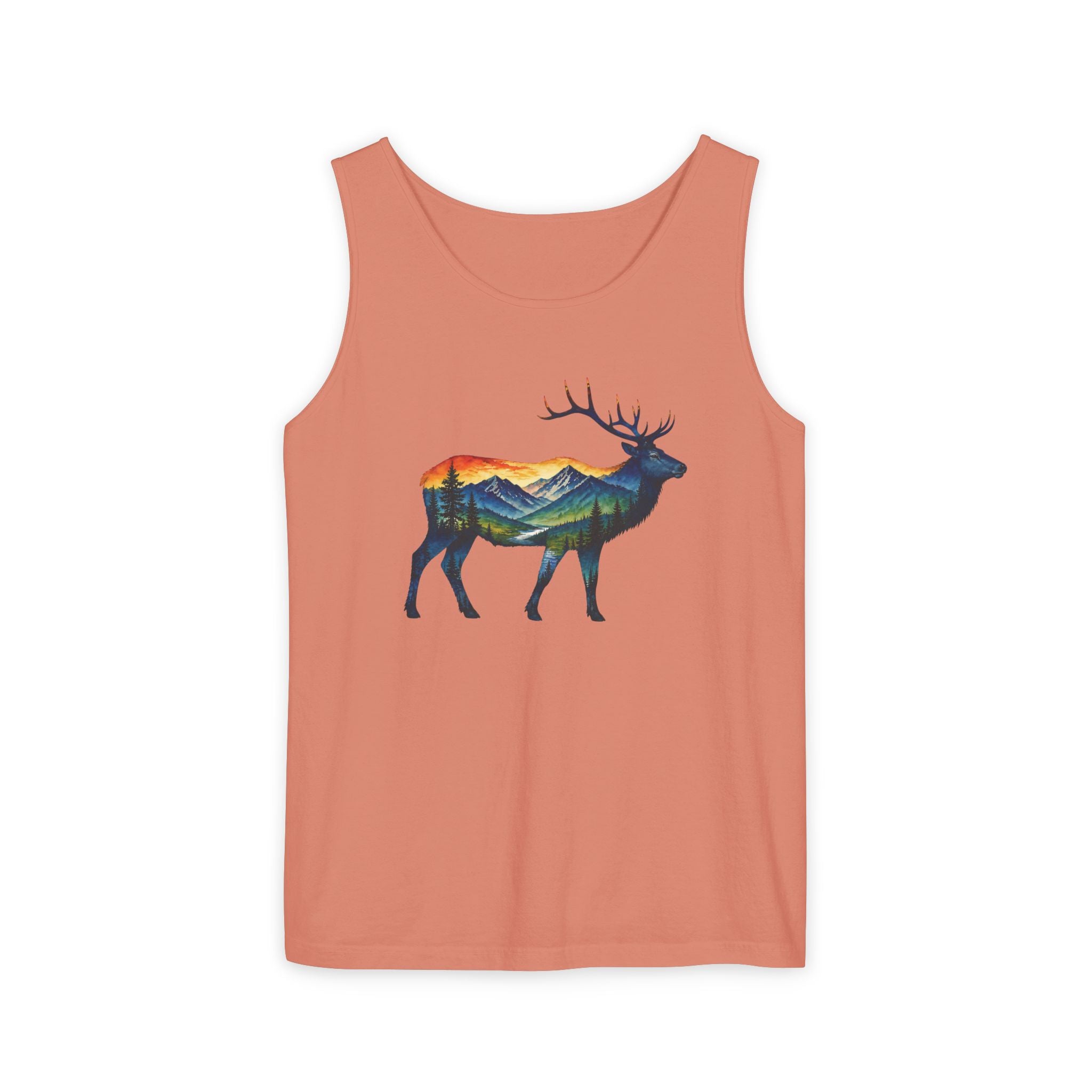 Mountain Elk Sunset Comfort Colors® 9360 Premium Tank Top, Nature Elk Graphic Tank Top, Wildlife Landscape Tank Top, Rustic Outdoor Adventure Tank Top, Forest Elk Tank