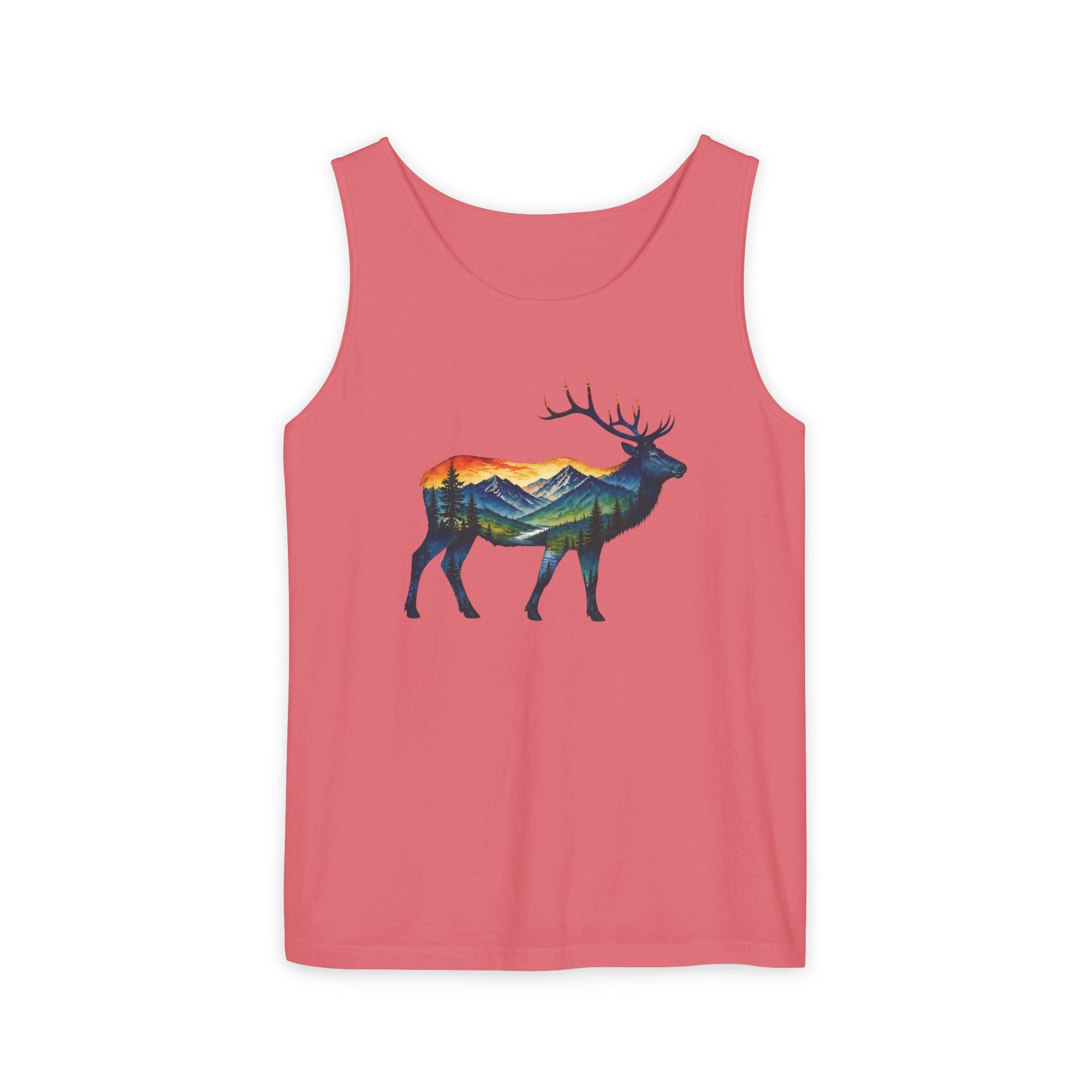 Mountain Elk Sunset Comfort Colors® 9360 Premium Tank Top, Nature Elk Graphic Tank Top, Wildlife Landscape Tank Top, Rustic Outdoor Adventure Tank Top, Forest Elk Tank