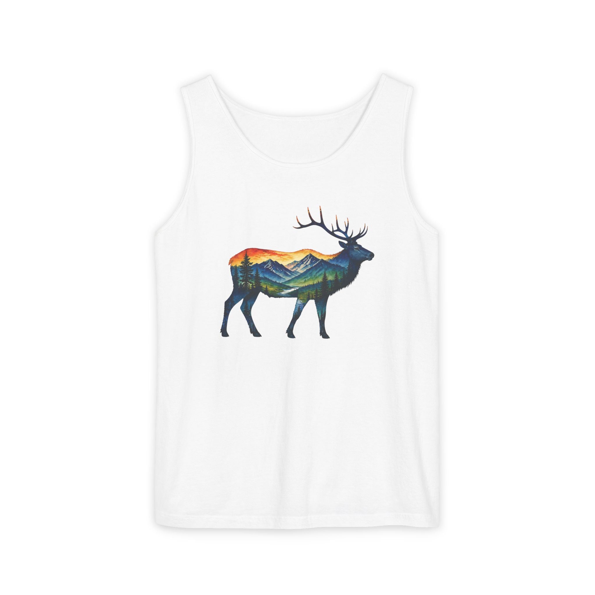Mountain Elk Sunset Comfort Colors® 9360 Premium Tank Top, Nature Elk Graphic Tank Top, Wildlife Landscape Tank Top, Rustic Outdoor Adventure Tank Top, Forest Elk Tank