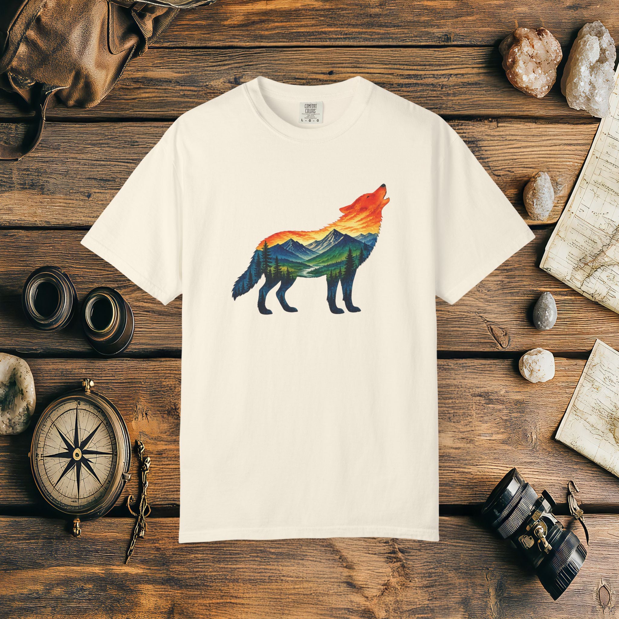 Mountain Howling Wolf Sunset Comfort Colors® 1717 Premium T-Shirt, Nature Wolf Graphic Tee, Wildlife Landscape Shirt, Rustic Outdoor Adventure Shirt, Forest Wolf Tee