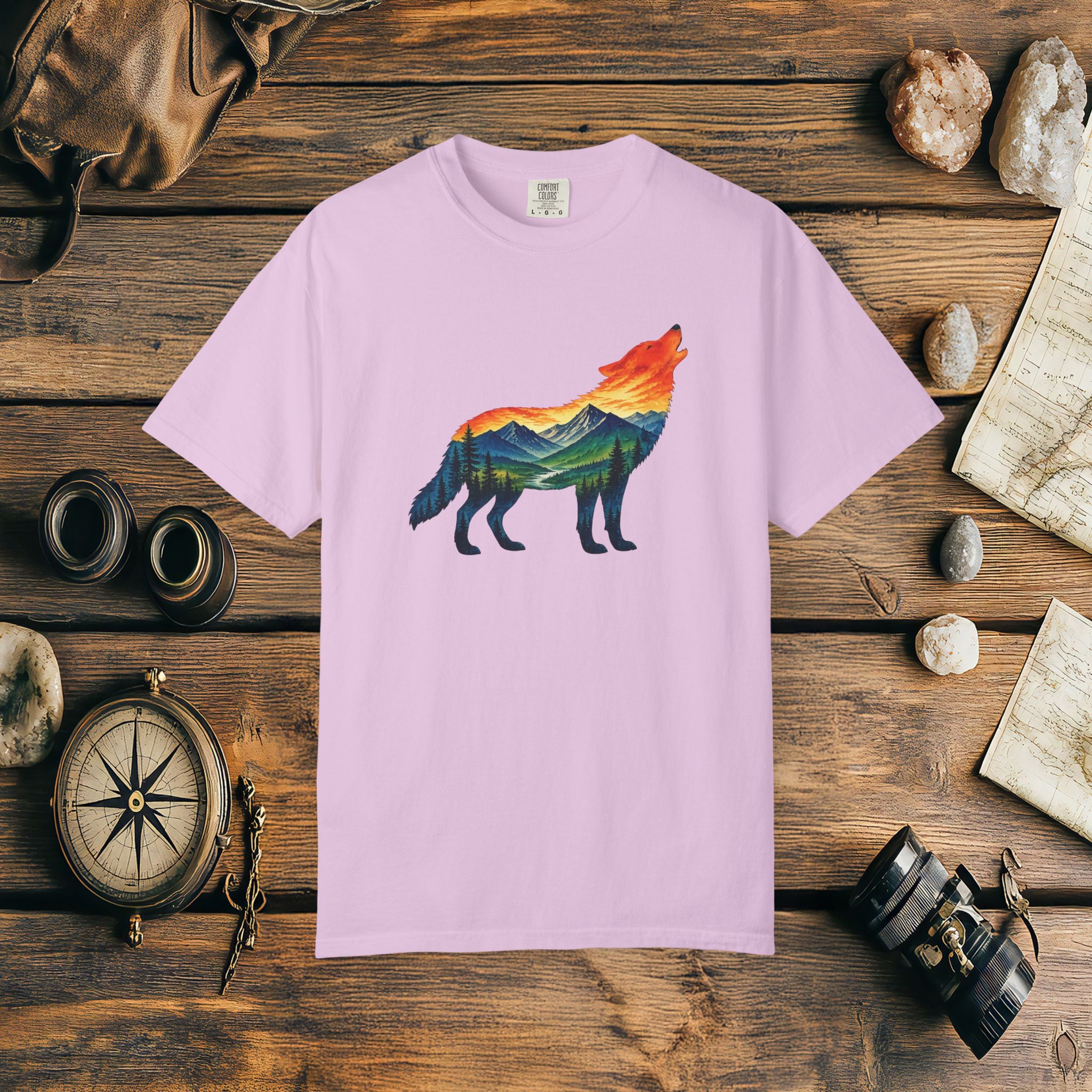 Mountain Howling Wolf Sunset Comfort Colors® 1717 Premium T-Shirt, Nature Wolf Graphic Tee, Wildlife Landscape Shirt, Rustic Outdoor Adventure Shirt, Forest Wolf Tee