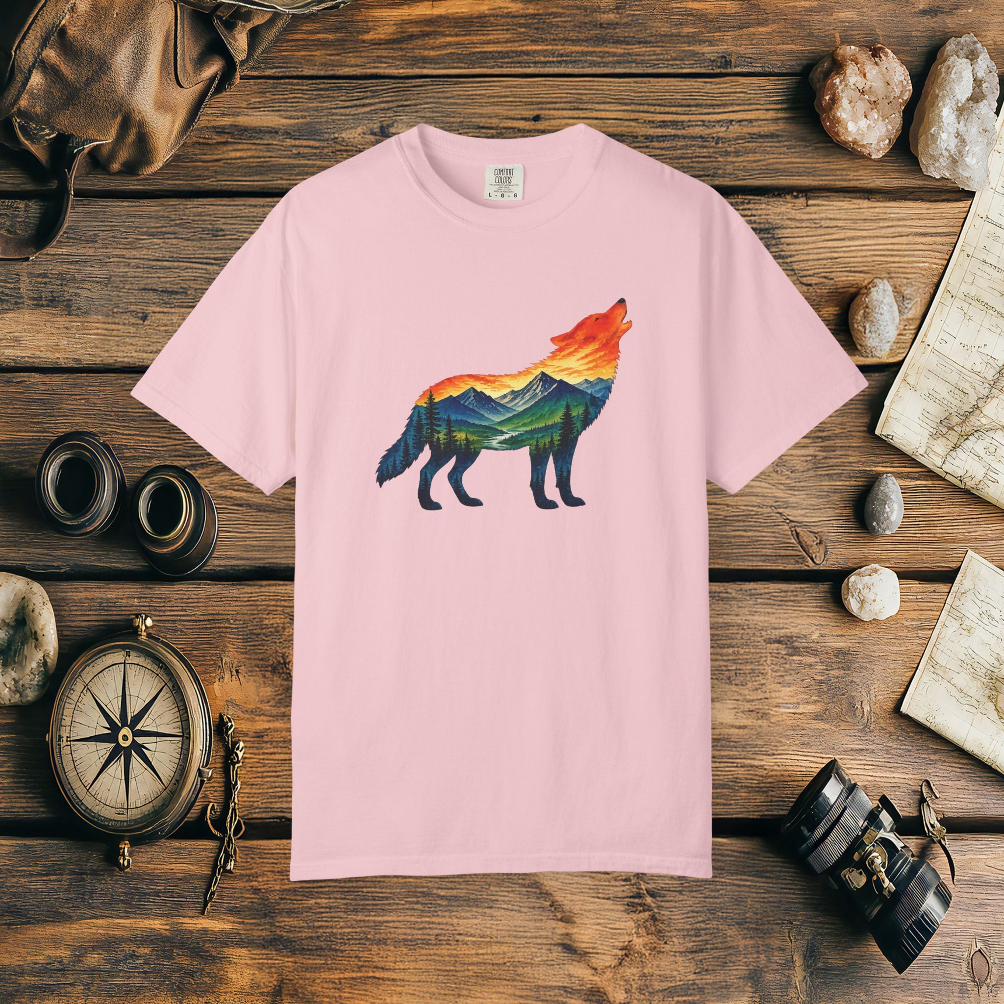Mountain Howling Wolf Sunset Comfort Colors® 1717 Premium T-Shirt, Nature Wolf Graphic Tee, Wildlife Landscape Shirt, Rustic Outdoor Adventure Shirt, Forest Wolf Tee