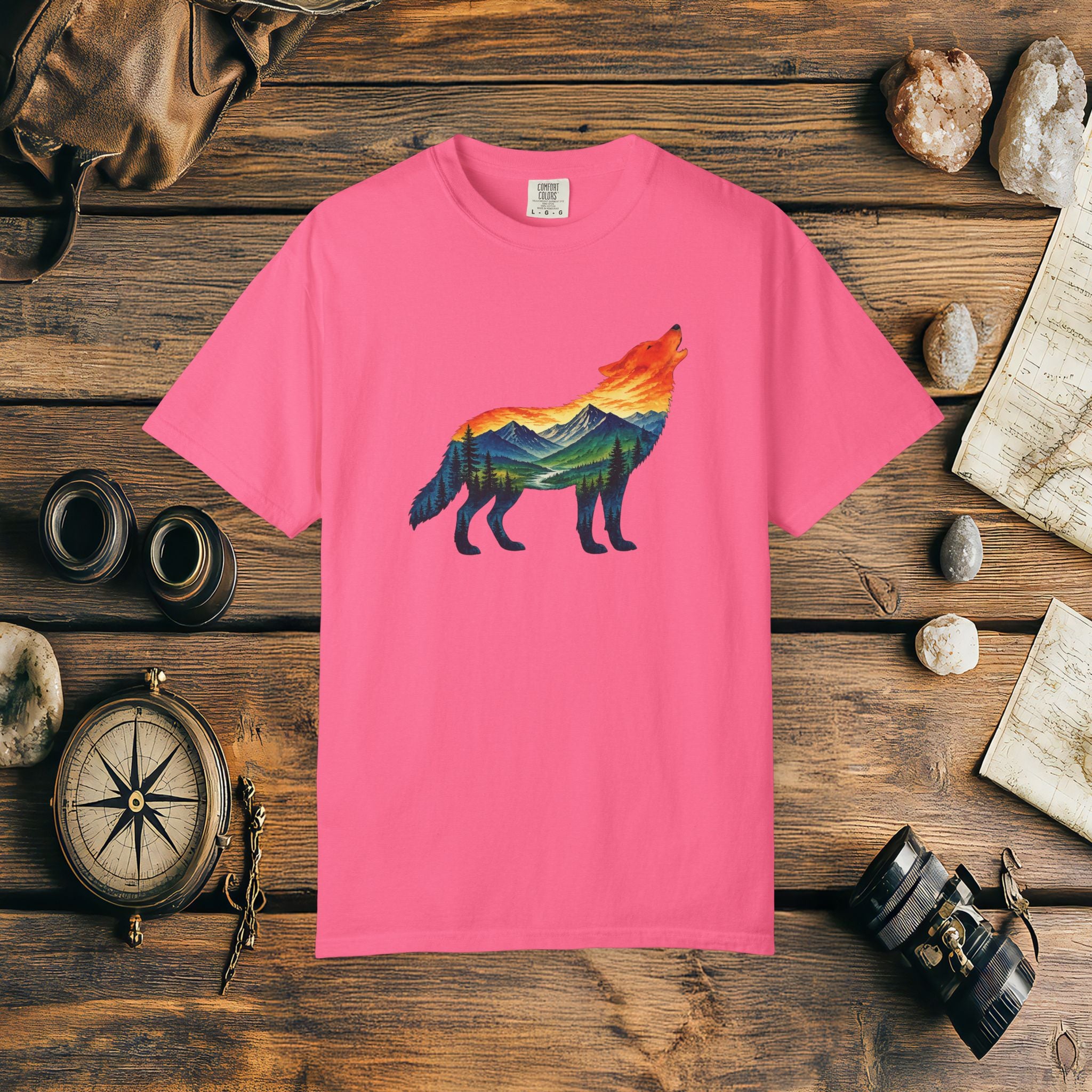 Mountain Howling Wolf Sunset Comfort Colors® 1717 Premium T-Shirt, Nature Wolf Graphic Tee, Wildlife Landscape Shirt, Rustic Outdoor Adventure Shirt, Forest Wolf Tee