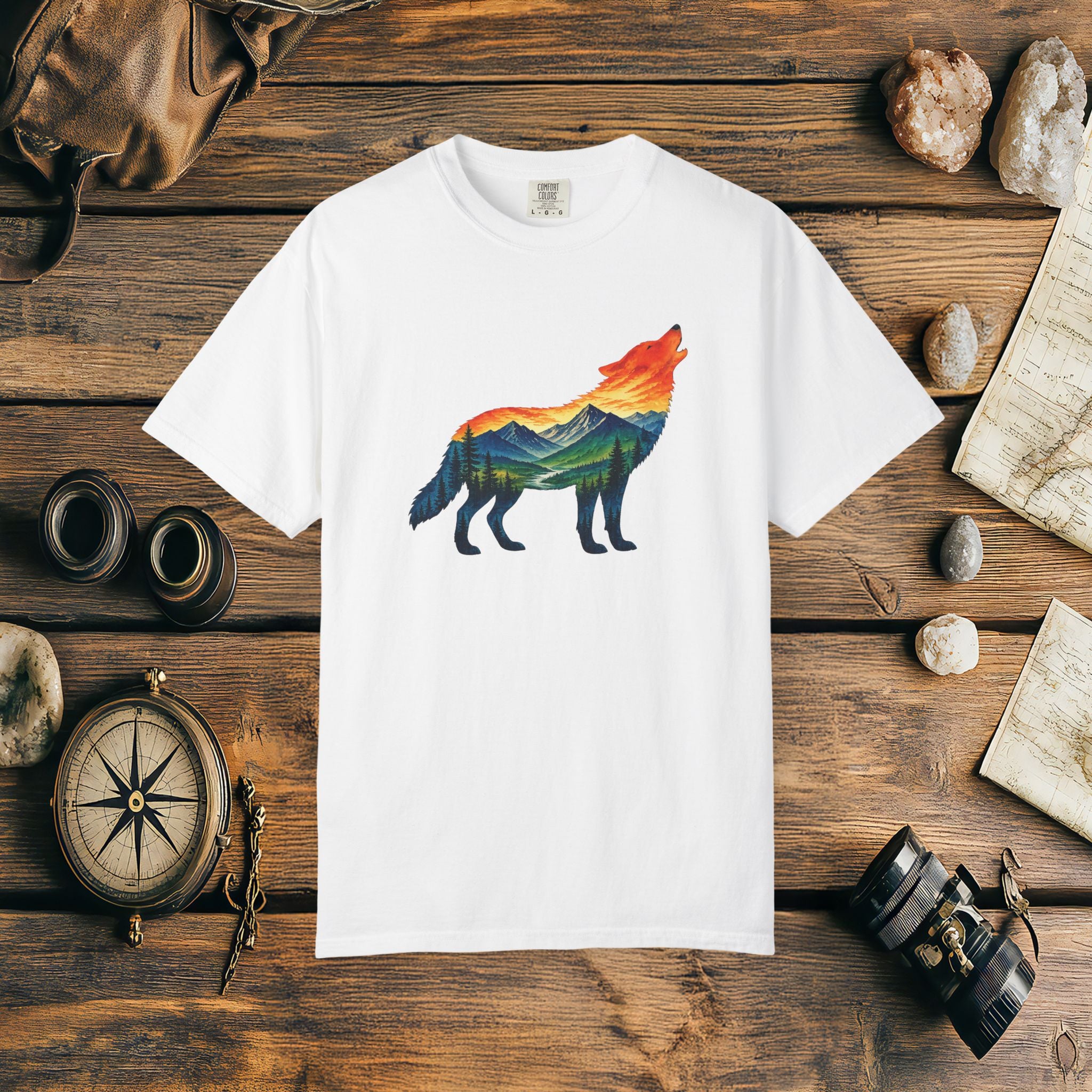 Mountain Howling Wolf Sunset Comfort Colors® 1717 Premium T-Shirt, Nature Wolf Graphic Tee, Wildlife Landscape Shirt, Rustic Outdoor Adventure Shirt, Forest Wolf Tee