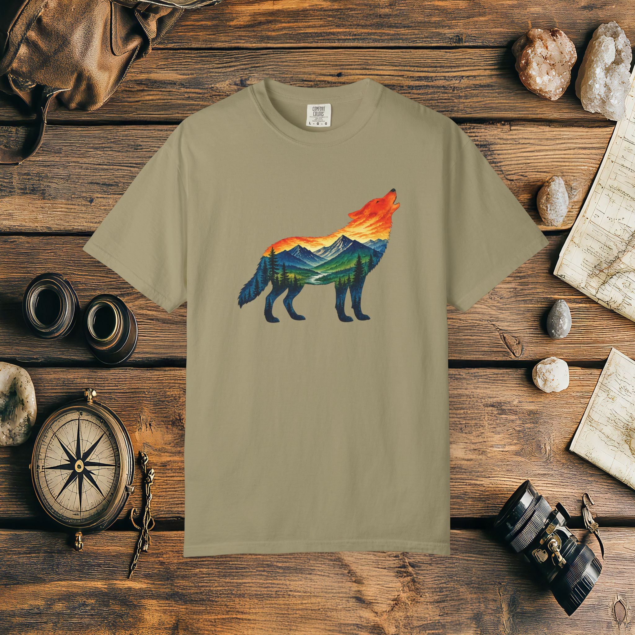 Mountain Howling Wolf Sunset Comfort Colors® 1717 Premium T-Shirt, Nature Wolf Graphic Tee, Wildlife Landscape Shirt, Rustic Outdoor Adventure Shirt, Forest Wolf Tee