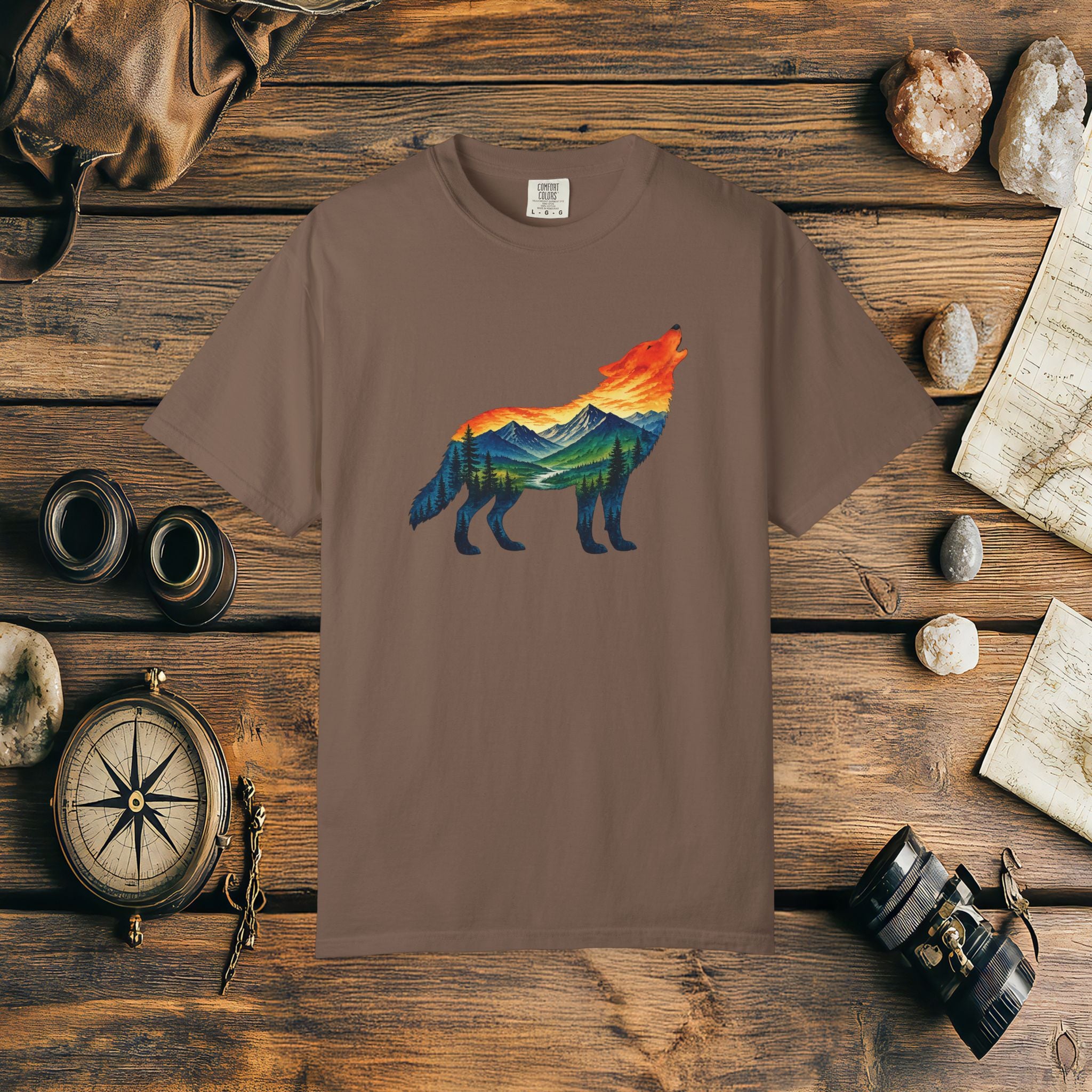 Mountain Howling Wolf Sunset Comfort Colors® 1717 Premium T-Shirt, Nature Wolf Graphic Tee, Wildlife Landscape Shirt, Rustic Outdoor Adventure Shirt, Forest Wolf Tee