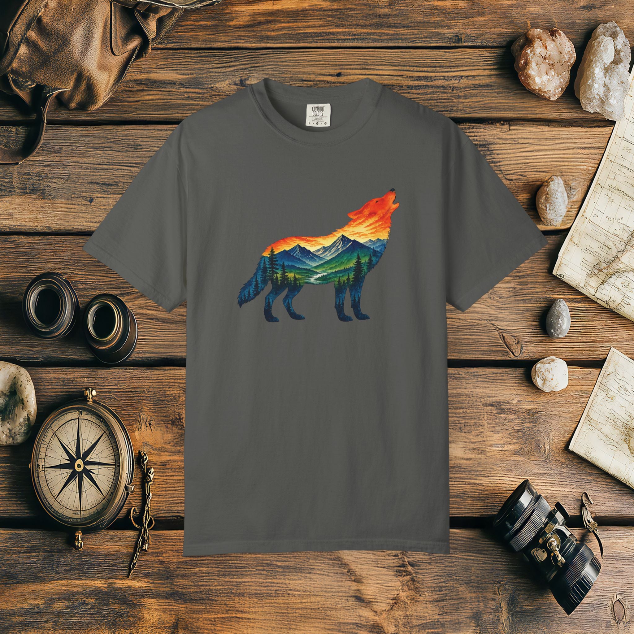 Mountain Howling Wolf Sunset Comfort Colors® 1717 Premium T-Shirt, Nature Wolf Graphic Tee, Wildlife Landscape Shirt, Rustic Outdoor Adventure Shirt, Forest Wolf Tee