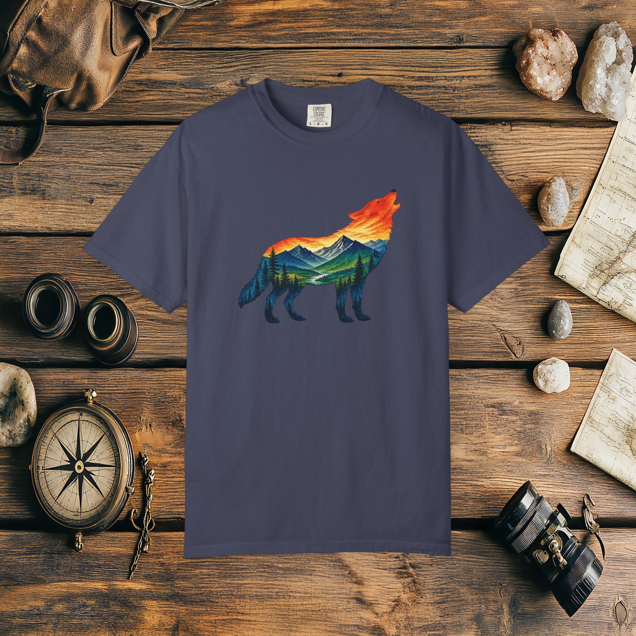 Mountain Howling Wolf Sunset Comfort Colors® 1717 Premium T-Shirt, Nature Wolf Graphic Tee, Wildlife Landscape Shirt, Rustic Outdoor Adventure Shirt, Forest Wolf Tee