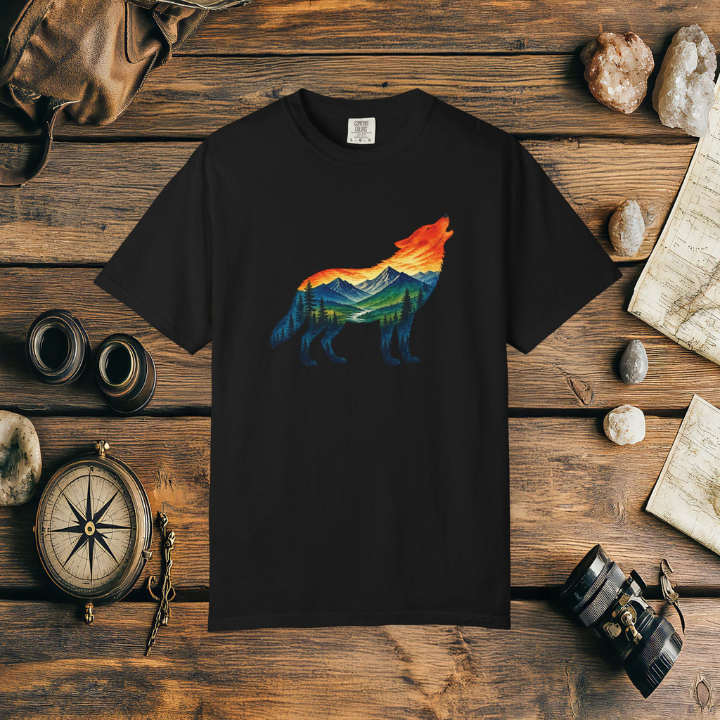 Mountain Howling Wolf Sunset Comfort Colors® 1717 Premium T-Shirt, Nature Wolf Graphic Tee, Wildlife Landscape Shirt, Rustic Outdoor Adventure Shirt, Forest Wolf Tee