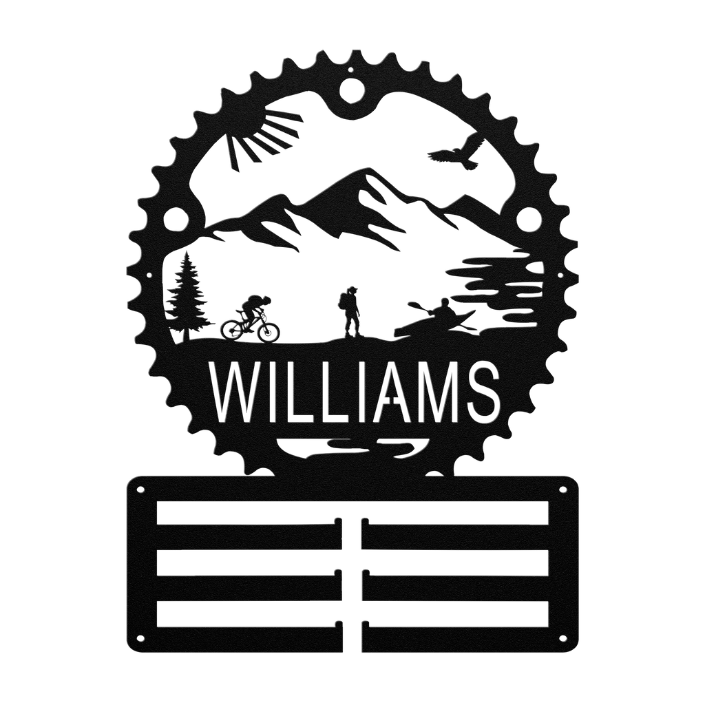 Personalized Adventure Racing Chainring Medal Hanger With Female Hiker, Custom Adventure Race Gift, Metal Adventure Wall Art, Home Decor Black