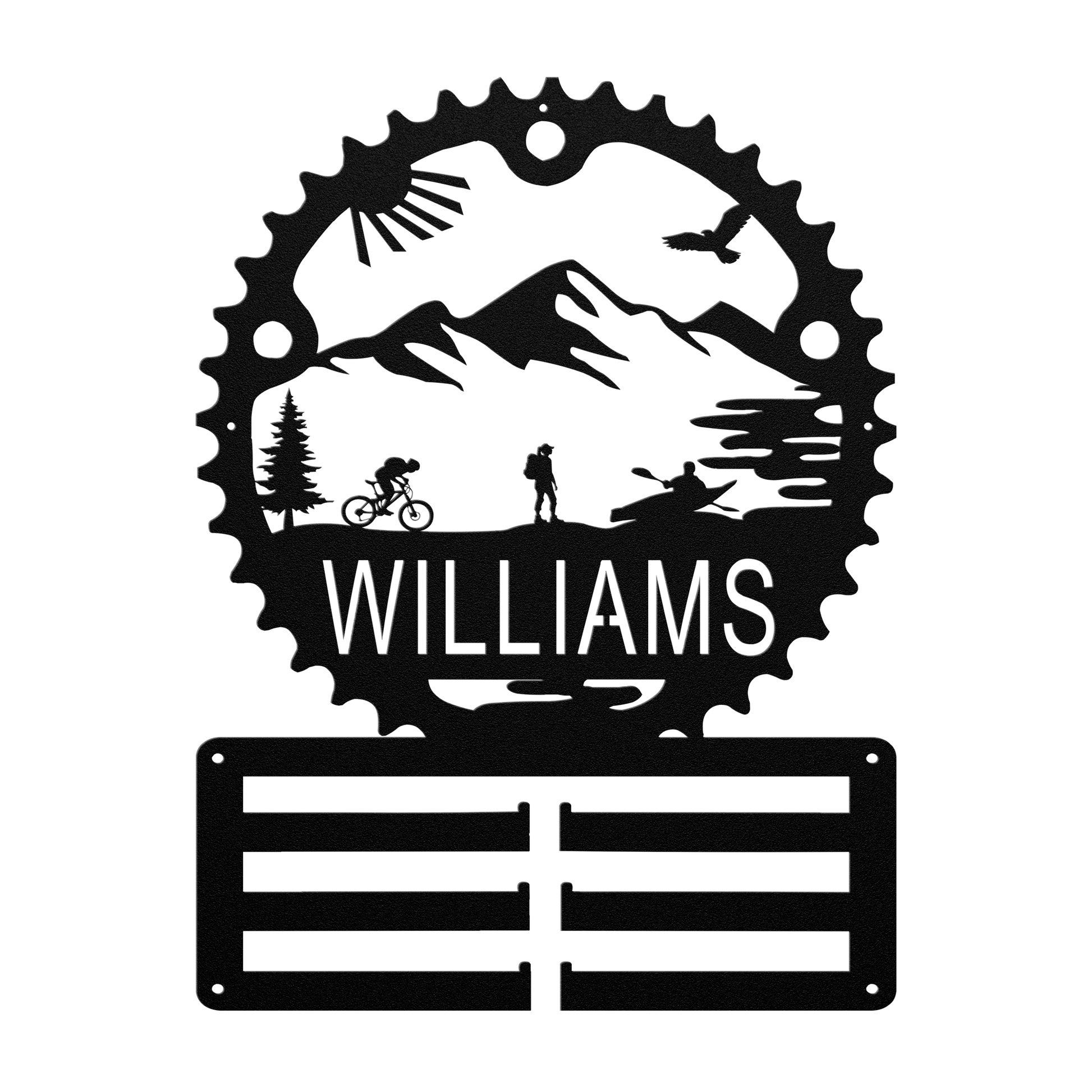 Personalized Adventure Racing Chainring Medal Hanger With Female Hiker, Custom Adventure Race Gift, Metal Adventure Wall Art, Home Decor Black