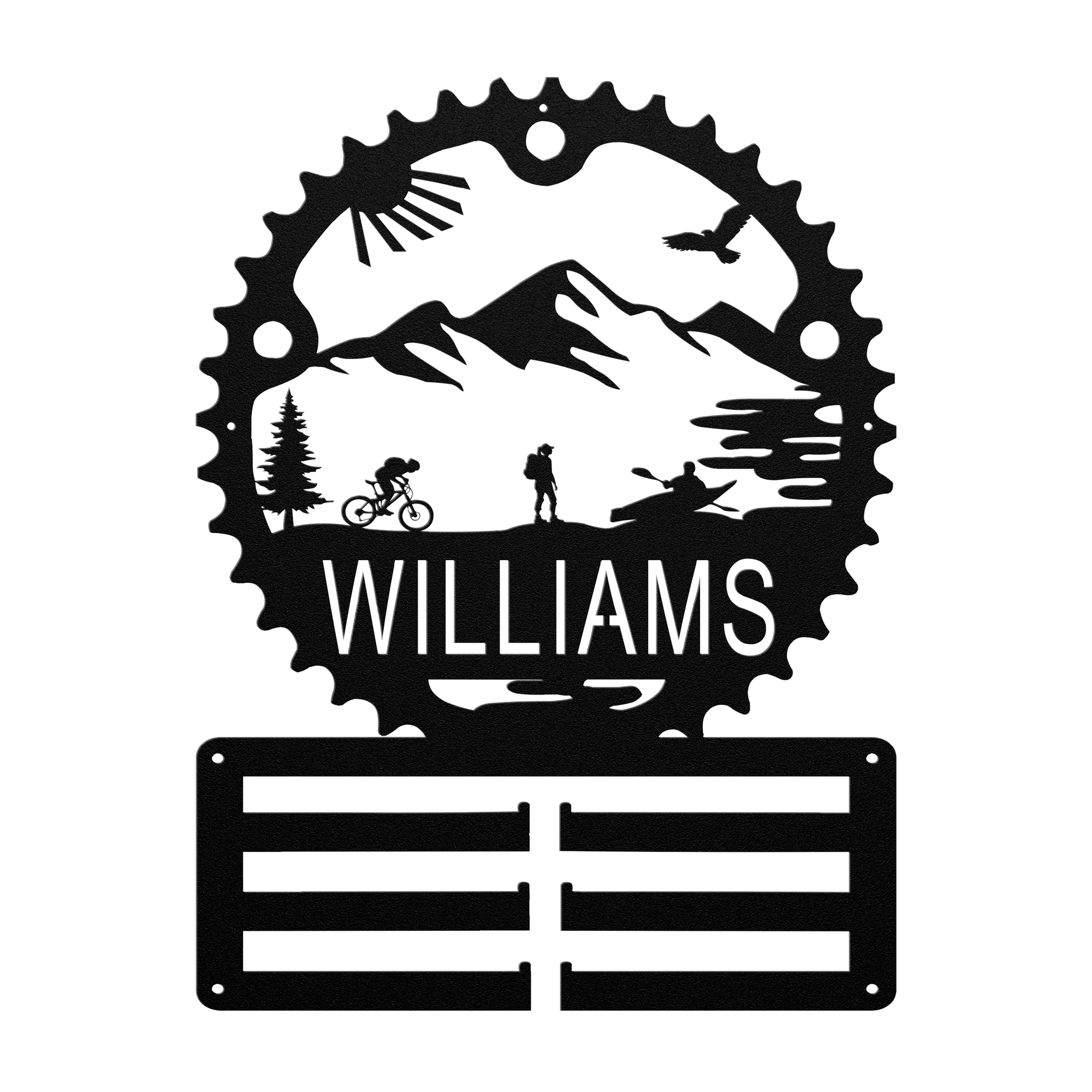 Personalized Adventure Racing Chainring Medal Hanger With Female Hiker, Custom Adventure Race Gift, Metal Adventure Wall Art, Home Decor Black