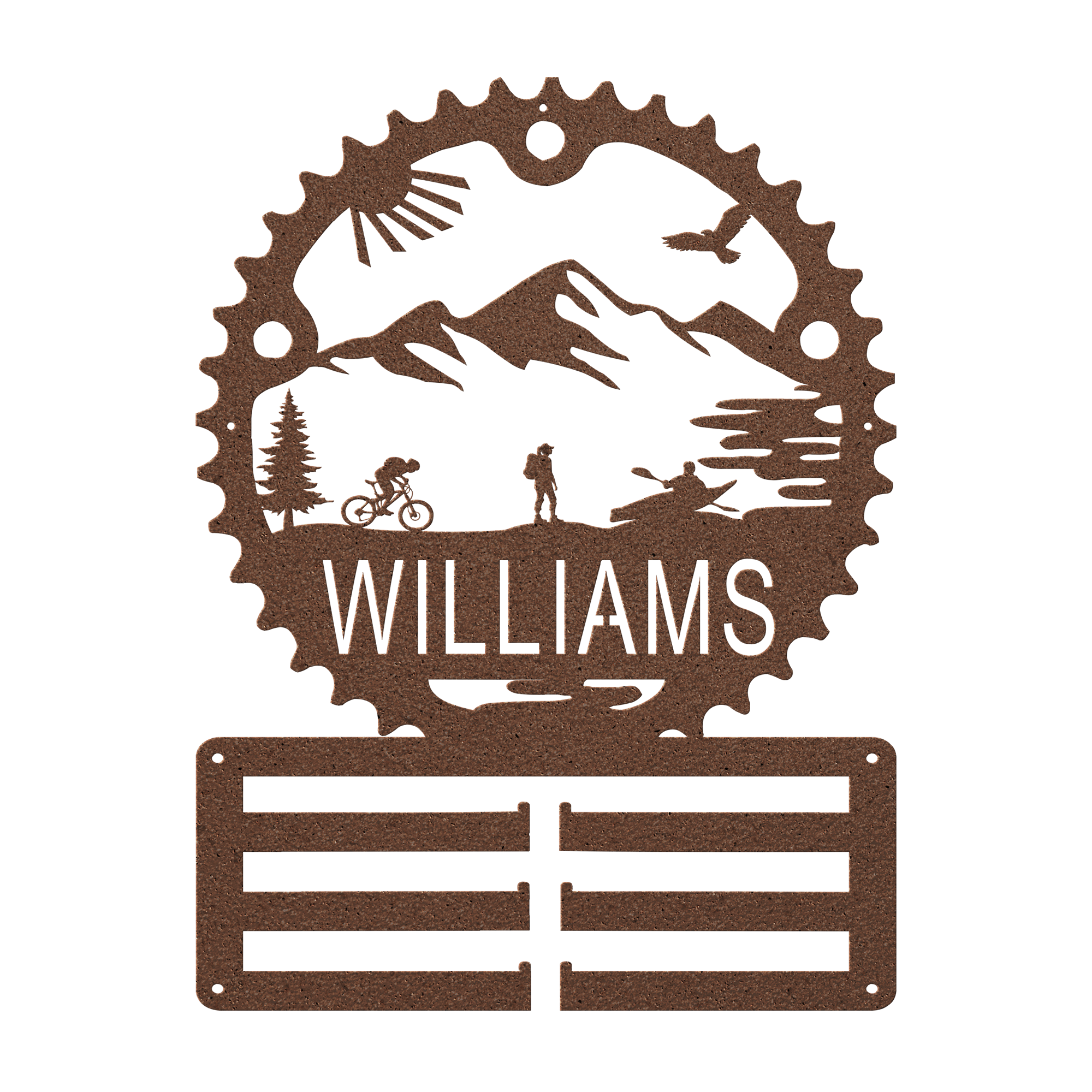 Personalized Adventure Racing Chainring Medal Hanger With Female Hiker, Custom Adventure Race Gift, Metal Adventure Wall Art, Home Decor Copper