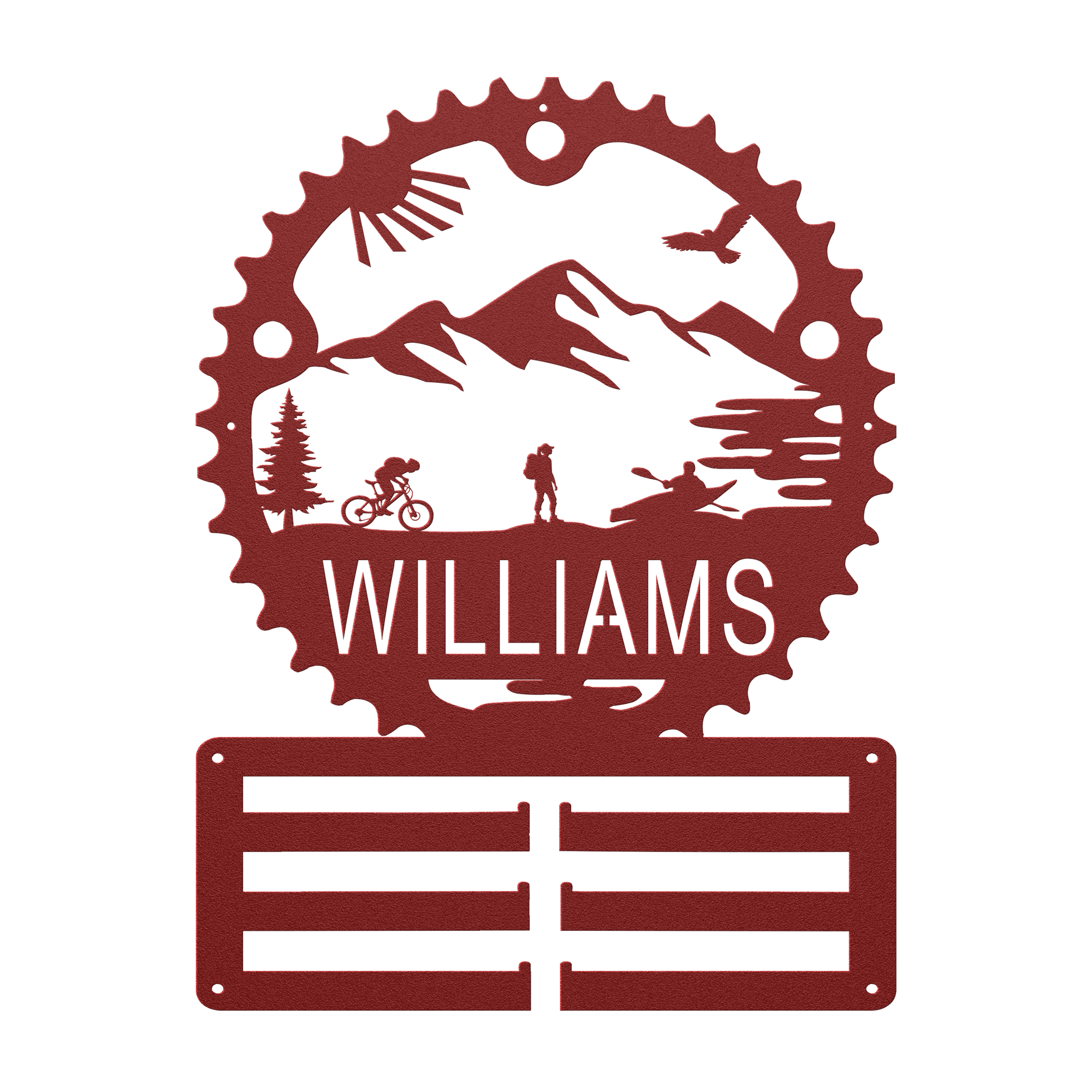 Personalized Adventure Racing Chainring Medal Hanger With Female Hiker, Custom Adventure Race Gift, Metal Adventure Wall Art, Home Decor Red