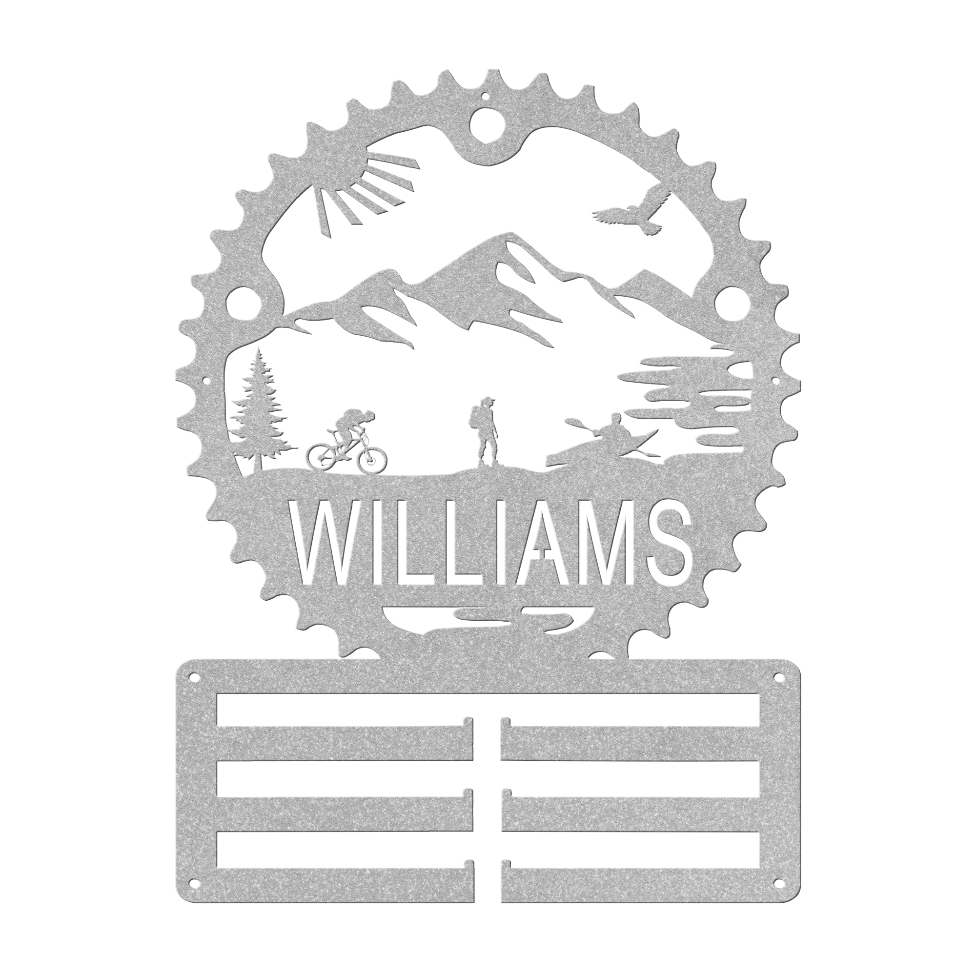 Personalized Adventure Racing Chainring Medal Hanger With Female Hiker, Custom Adventure Race Gift, Metal Adventure Wall Art, Home Decor Silver