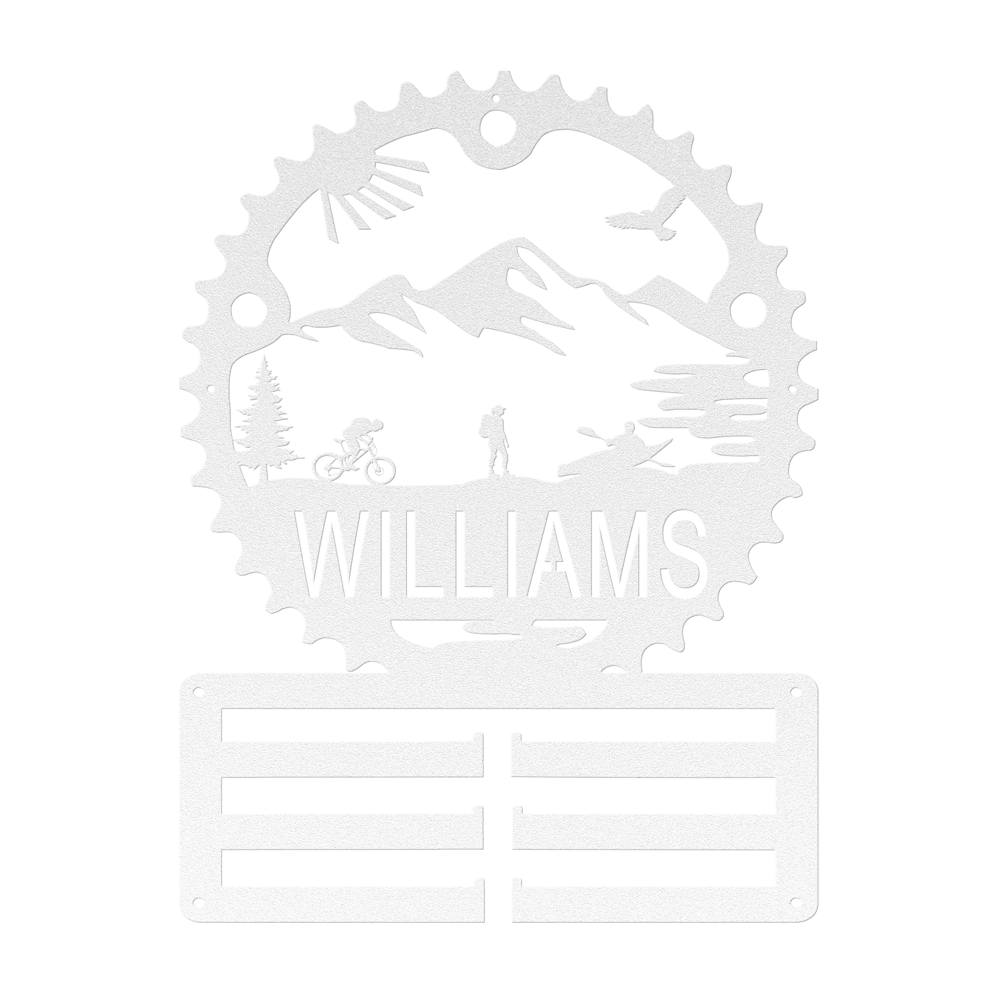 Personalized Adventure Racing Chainring Medal Hanger With Female Hiker, Custom Adventure Race Gift, Metal Adventure Wall Art, Home Decor White