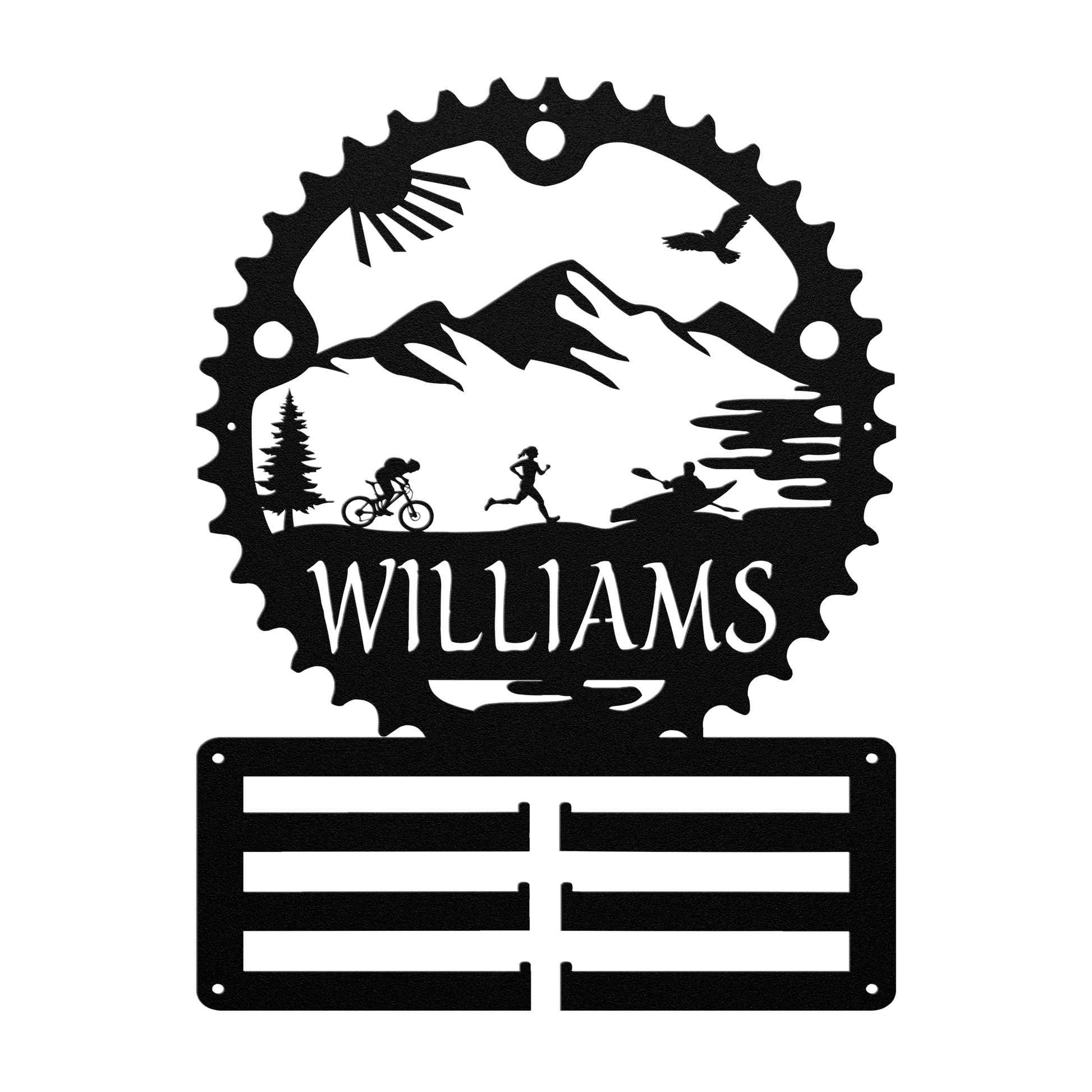 Personalized Adventure Racing Chainring Medal Hanger With Female Runner, Custom Adventure Race Gift, Metal Adventure Wall Art, Home Decor Black