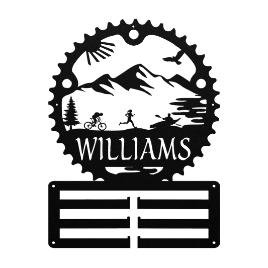 Personalized Adventure Racing Chainring Medal Hanger With Female Runner, Custom Adventure Race Gift, Metal Adventure Wall Art, Home Decor Black