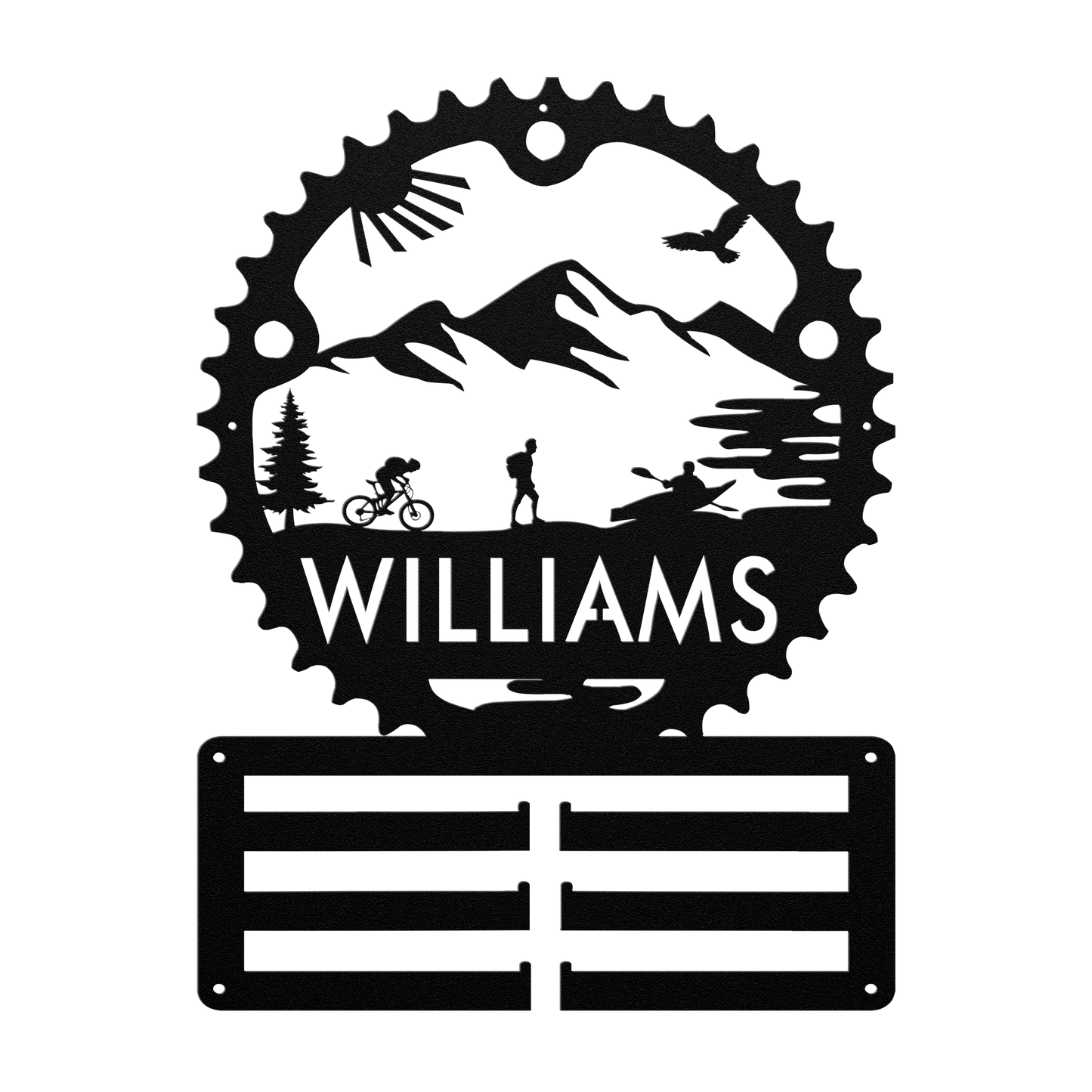 Personalized Adventure Racing Chainring Medal Hanger With Male Hiker, Custom Adventure Race Gift, Metal Adventure Wall Art, Home Decor Black