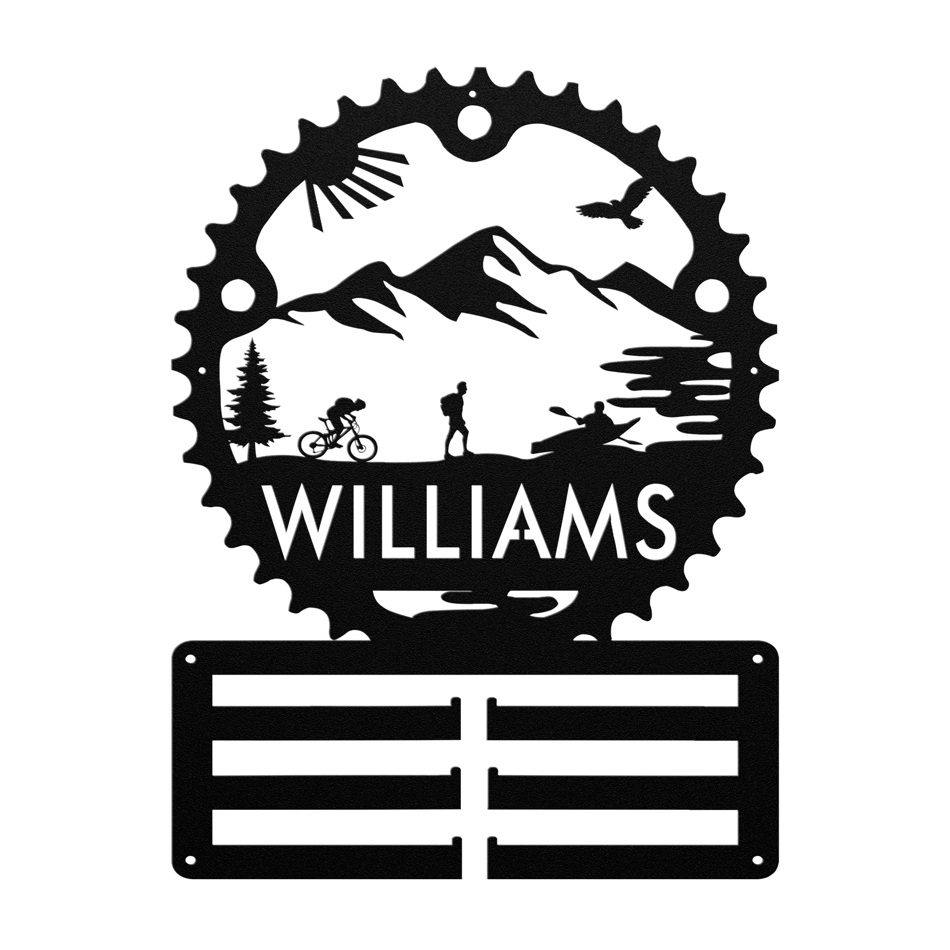 Personalized Adventure Racing Chainring Medal Hanger With Male Hiker, Custom Adventure Race Gift, Metal Adventure Wall Art, Home Decor Black