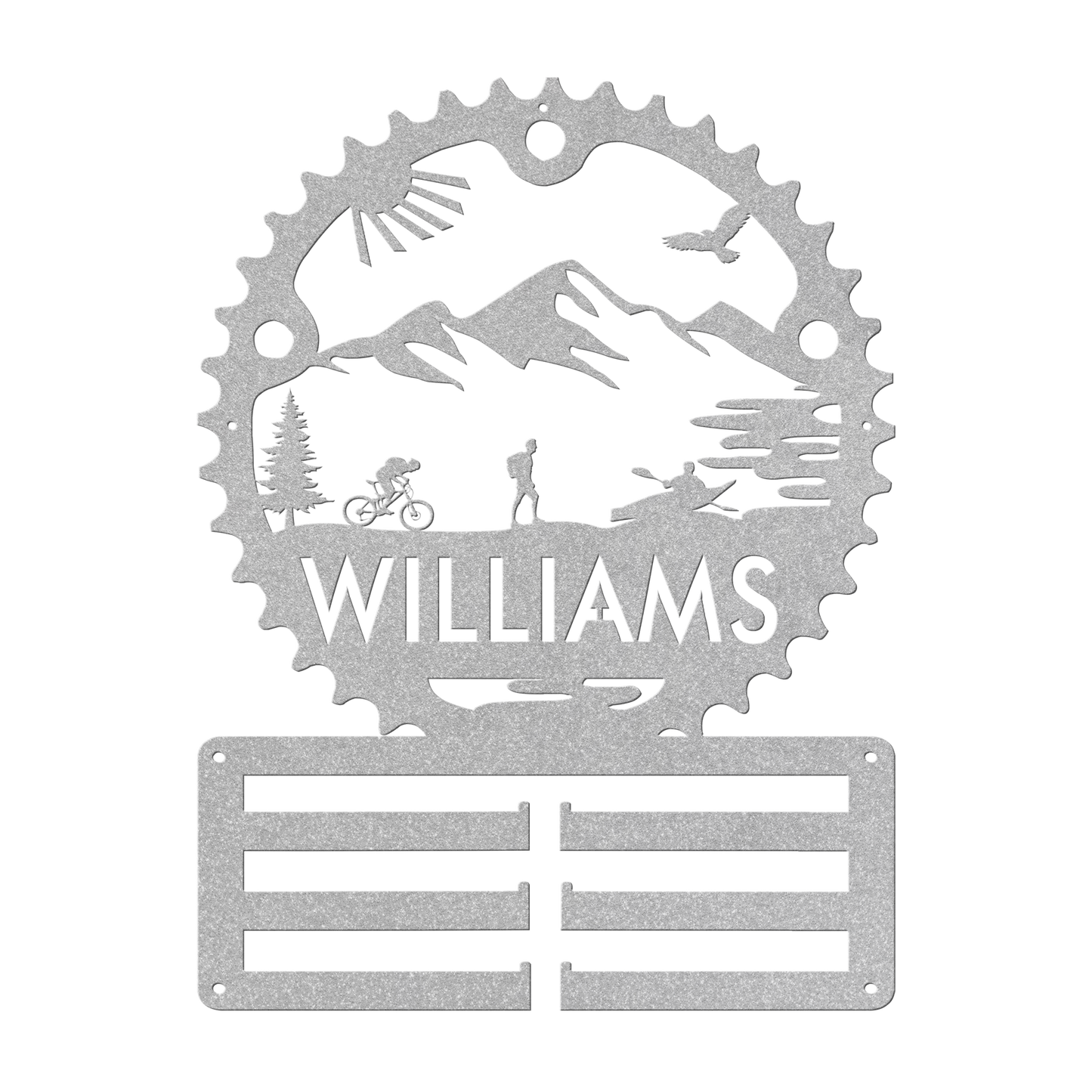 Personalized Adventure Racing Chainring Medal Hanger With Male Hiker, Custom Adventure Race Gift, Metal Adventure Wall Art, Home Decor Silver