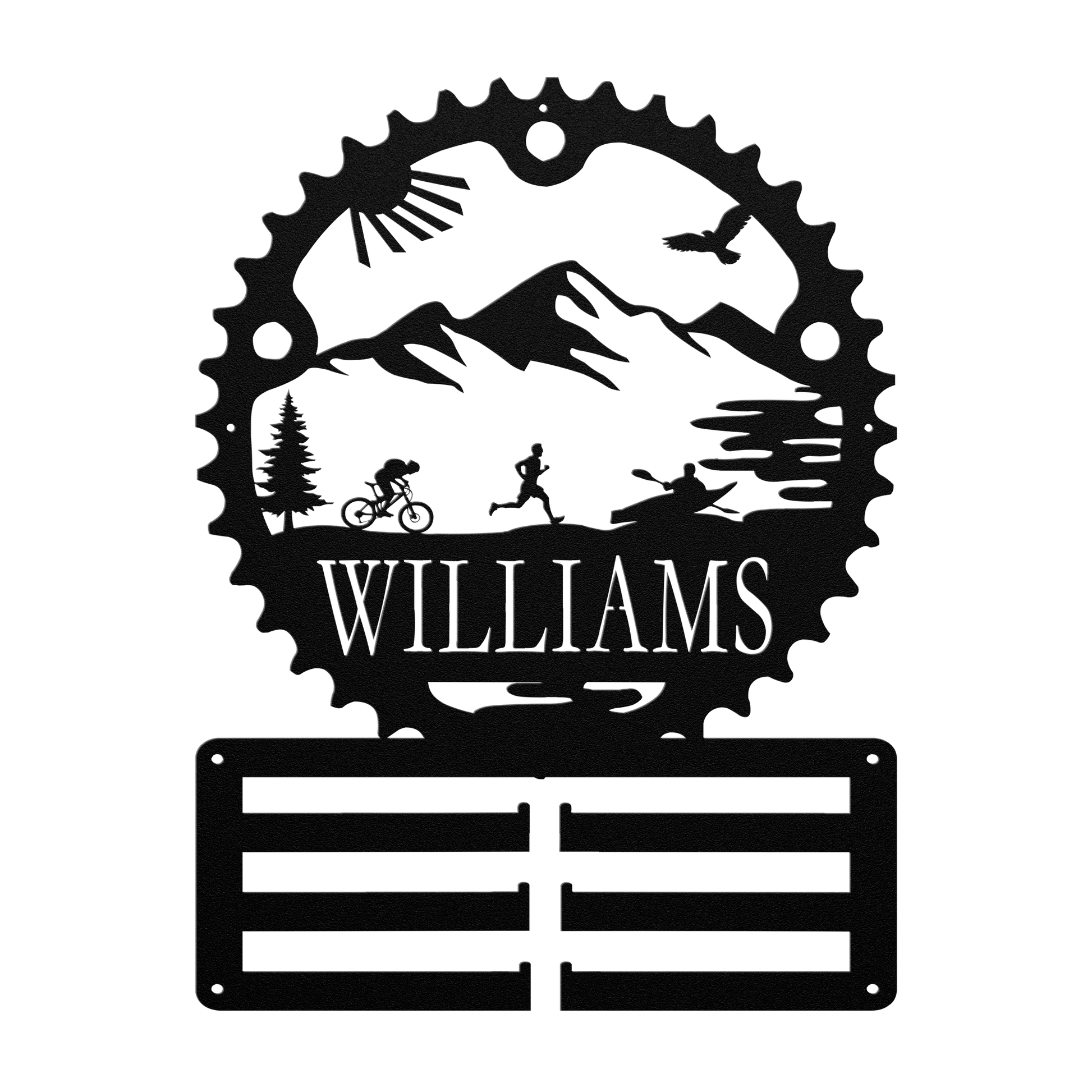 Personalized Adventure Racing Chainring Medal Hanger With Male Runner, Custom Adventure Race Gift, Metal Adventure Wall Art, Home Decor Black