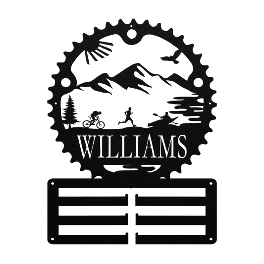 Personalized Adventure Racing Chainring Medal Hanger With Male Runner, Custom Adventure Race Gift, Metal Adventure Wall Art, Home Decor Black