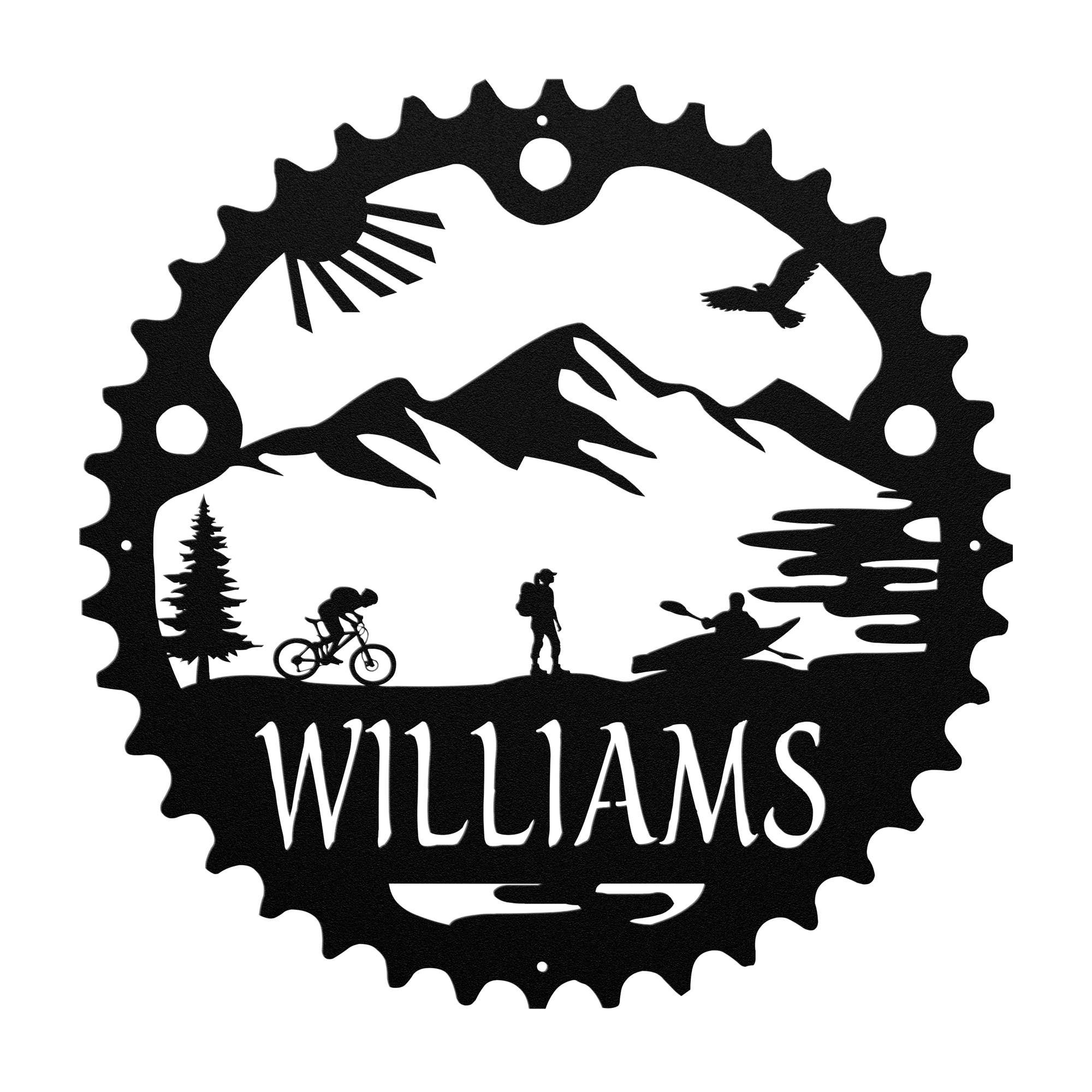 Personalized Adventure Racing Chainring Metal Sign With Female Hiker, Custom Adventure Race Gift, Metal Adventure Wall Art, Home Decor Black