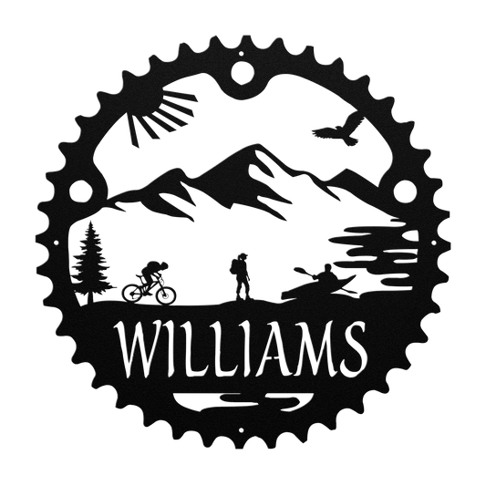 Personalized Adventure Racing Chainring Metal Sign With Female Hiker, Custom Adventure Race Gift, Metal Adventure Wall Art, Home Decor Black