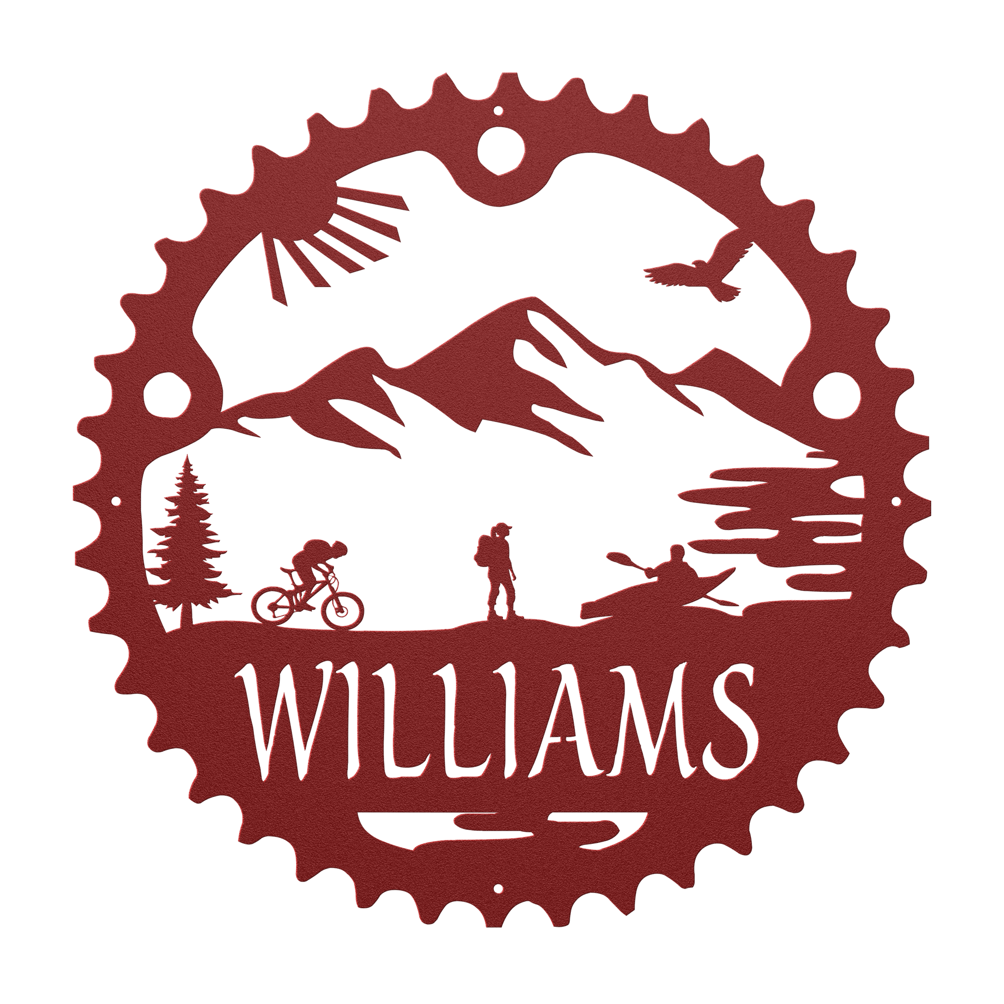 Personalized Adventure Racing Chainring Metal Sign With Female Hiker, Custom Adventure Race Gift, Metal Adventure Wall Art, Home Decor Red