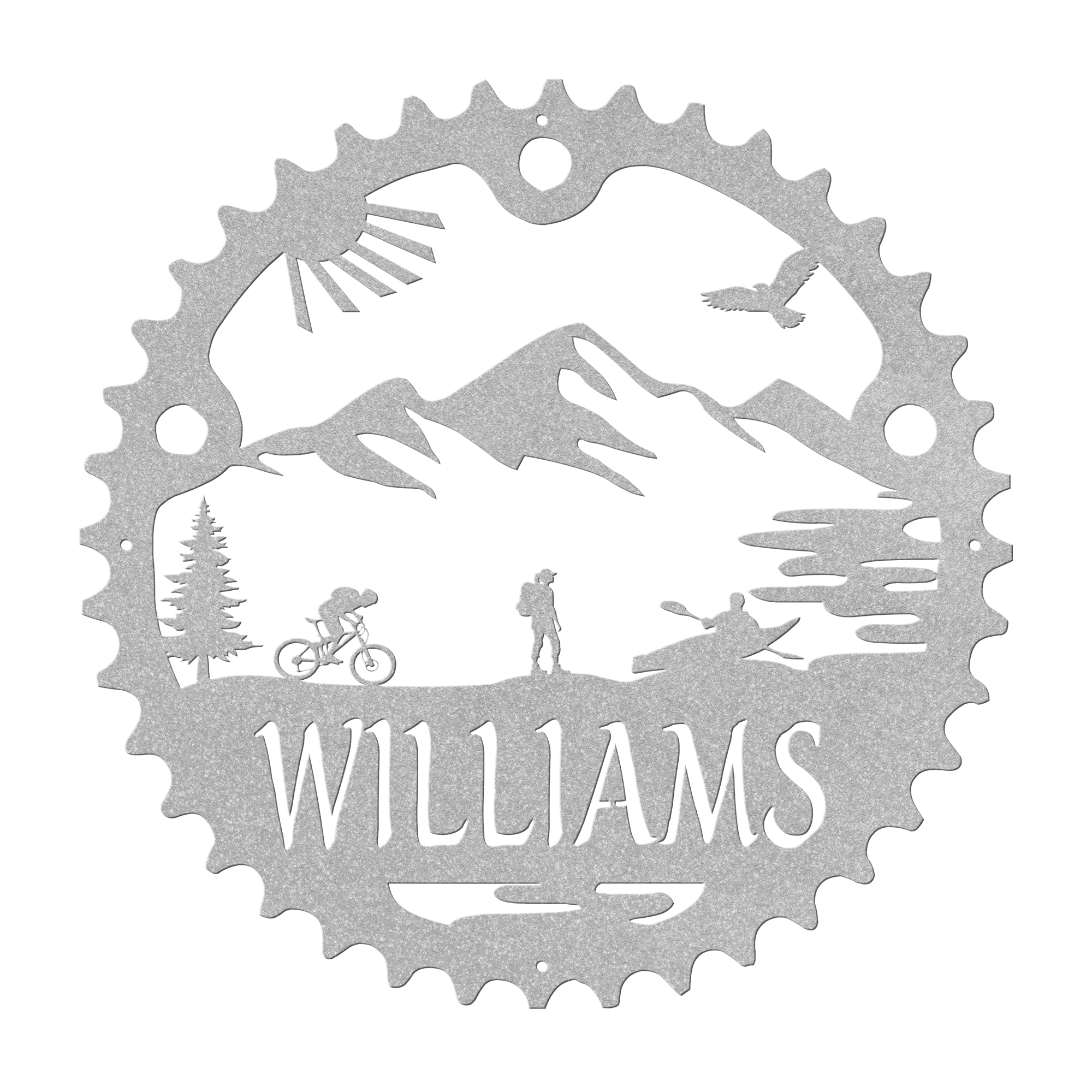Personalized Adventure Racing Chainring Metal Sign With Female Hiker, Custom Adventure Race Gift, Metal Adventure Wall Art, Home Decor Silver