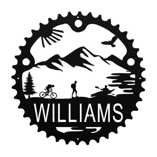 Personalized Adventure Racing Chainring Metal Sign With Male Hiker, Custom Adventure Race Gift, Metal Adventure Wall Art, Home Decor Black