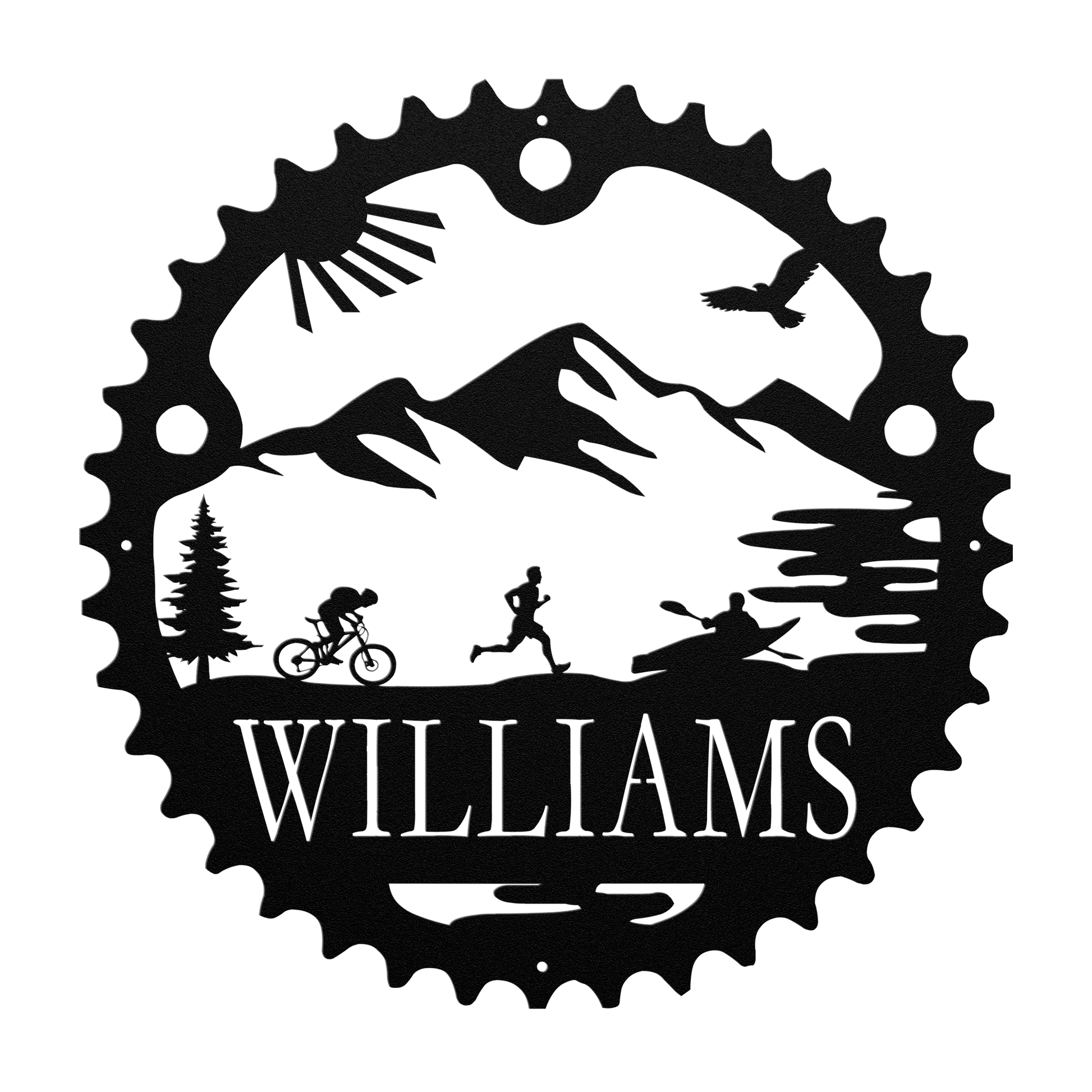 Personalized Adventure Racing Chainring Metal Sign With Male Runner, Custom Adventure Race Gift, Metal Adventure Wall Art, Home Decor Black