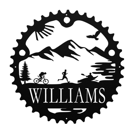 Personalized Adventure Racing Chainring Metal Sign With Male Runner, Custom Adventure Race Gift, Metal Adventure Wall Art, Home Decor Black
