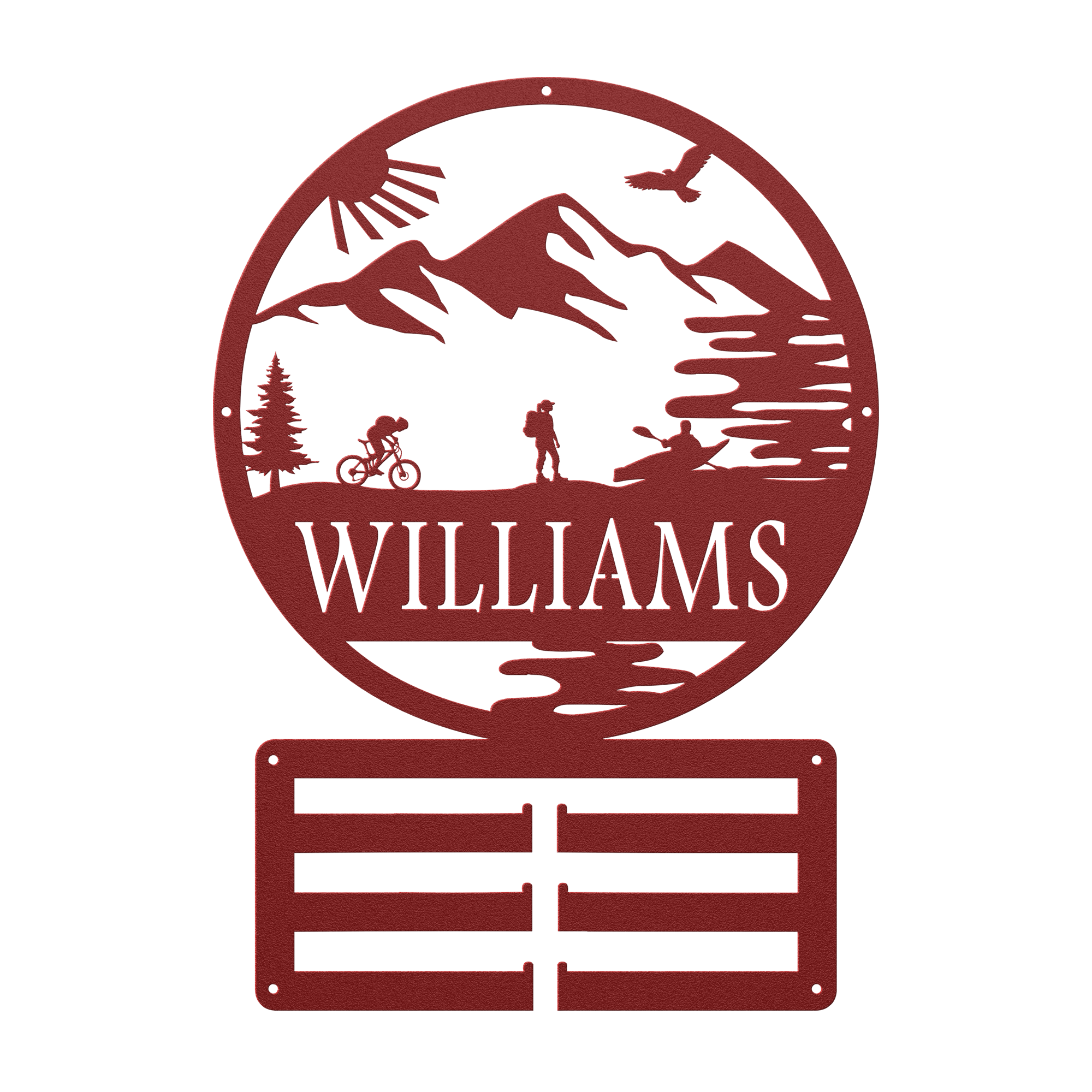 Personalized Adventure Racing Medal Hanger With Female Hiker, Custom Adventure Race Gift, Metal Adventure Wall Art, Home Decor Red