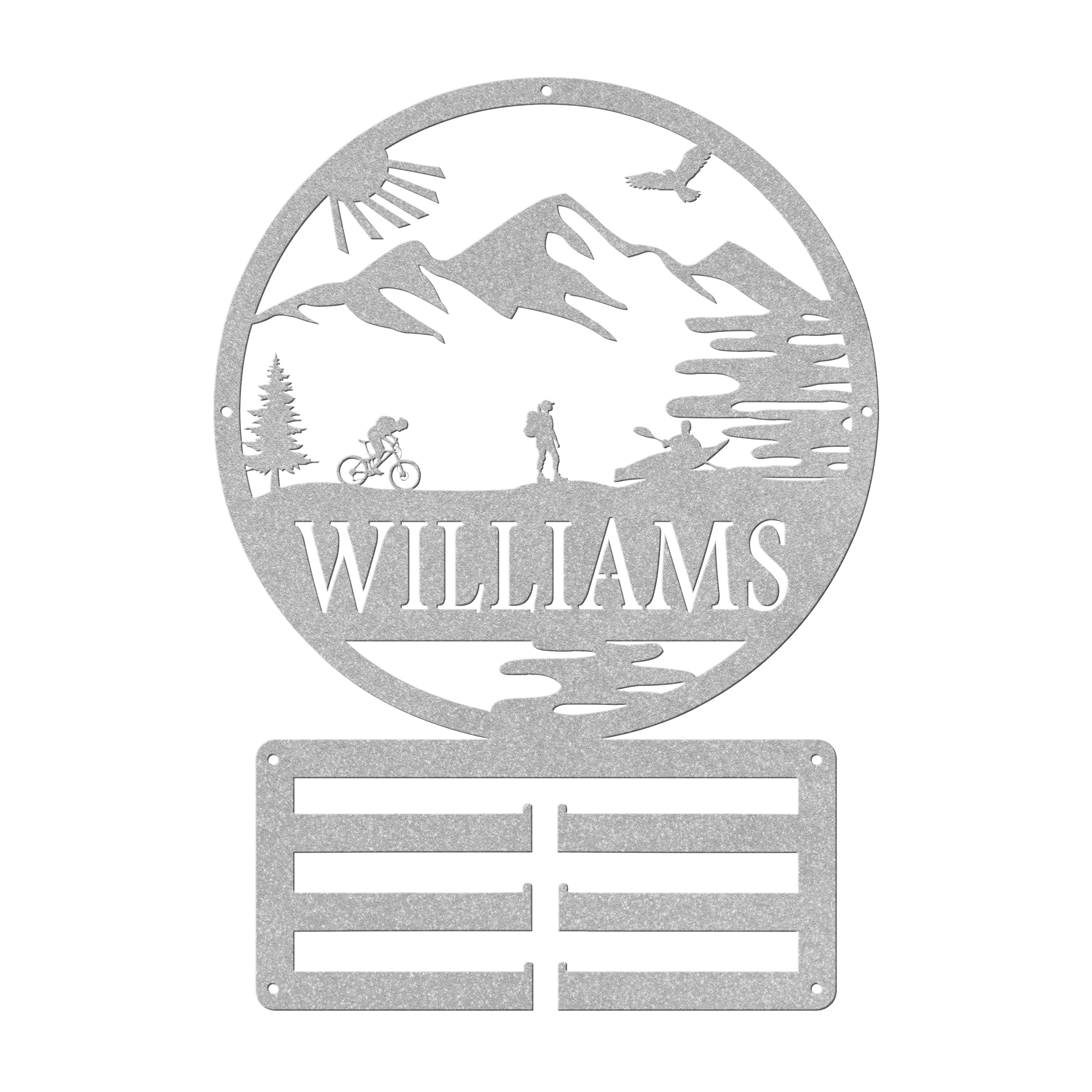 Personalized Adventure Racing Medal Hanger With Female Hiker, Custom Adventure Race Gift, Metal Adventure Wall Art, Home Decor Silver