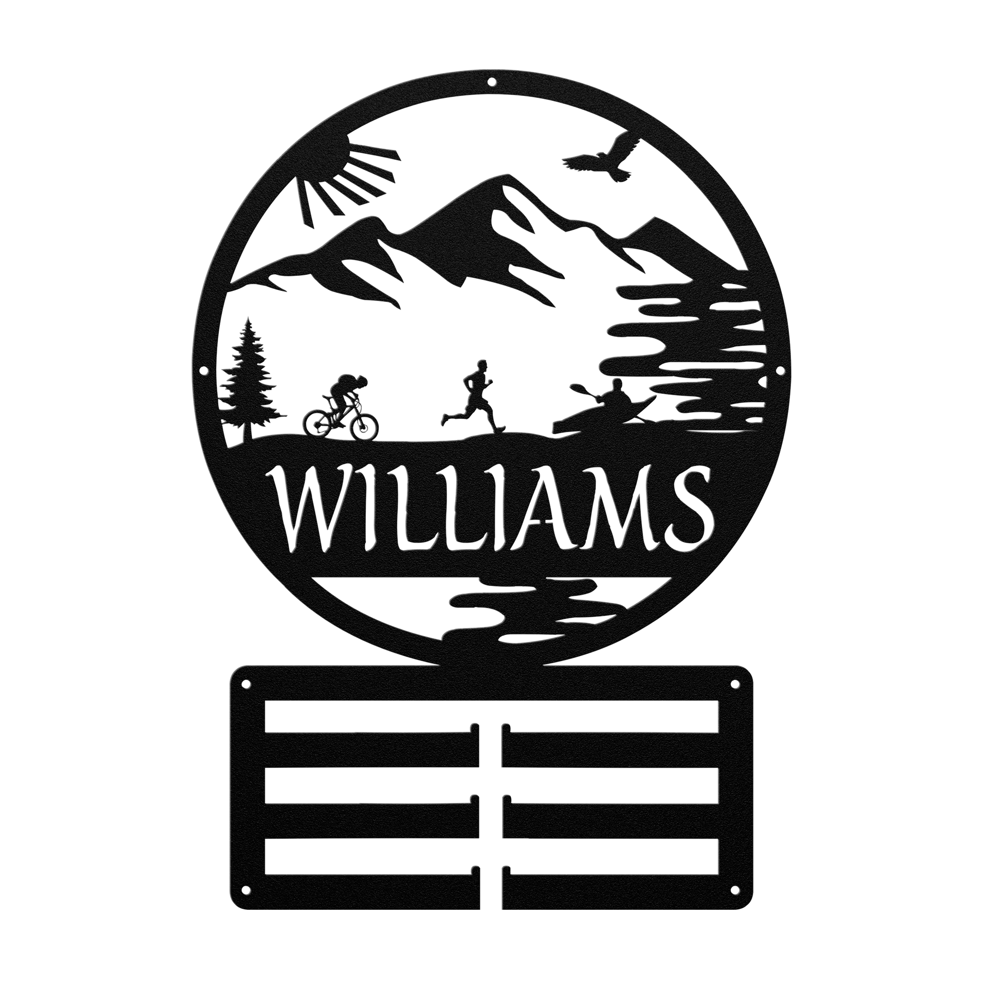 Personalized Adventure Racing Medal Hanger With Male Runner, Custom Adventure Race Gift, Metal Adventure Wall Art, Home Decor Black