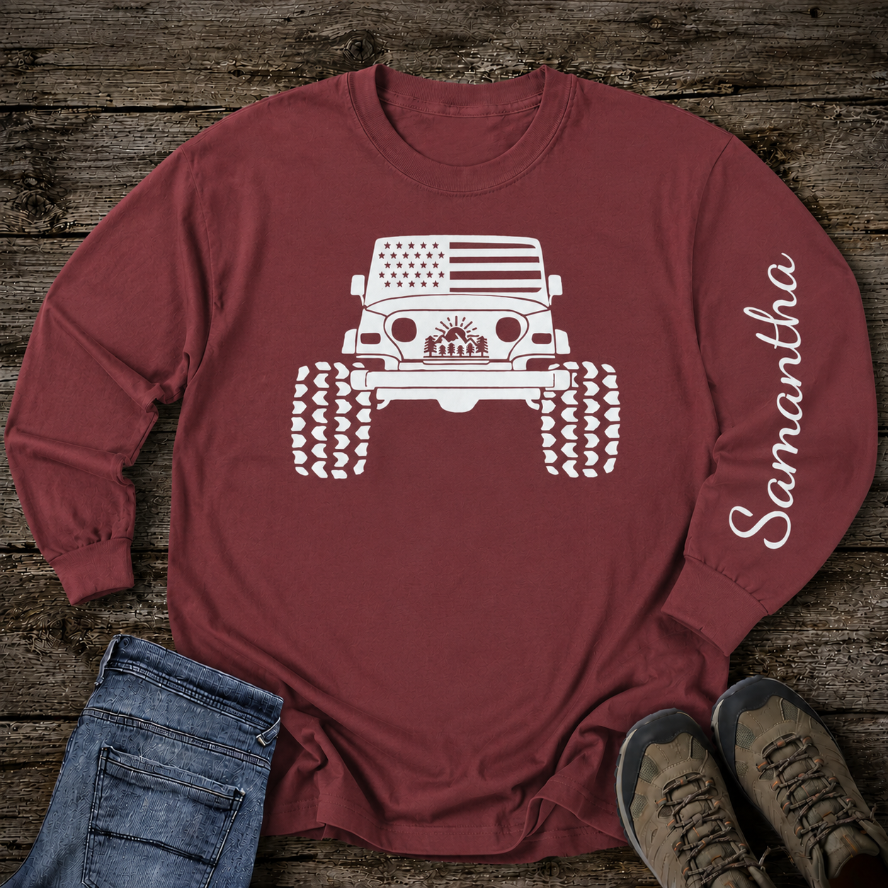 Personalized American Offroad Comfort Colors® Long Sleeve T-Shirt| Custom USA Flag 4WD Gift