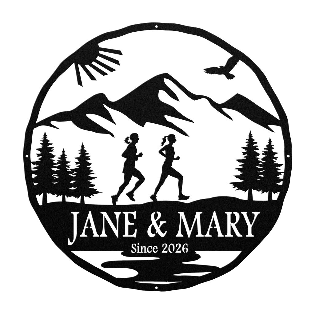 Personalized Couple, Female & Female Running In Mountains Metal Wall Art, Marathon Gift, Ultra Gift, Runner Gift