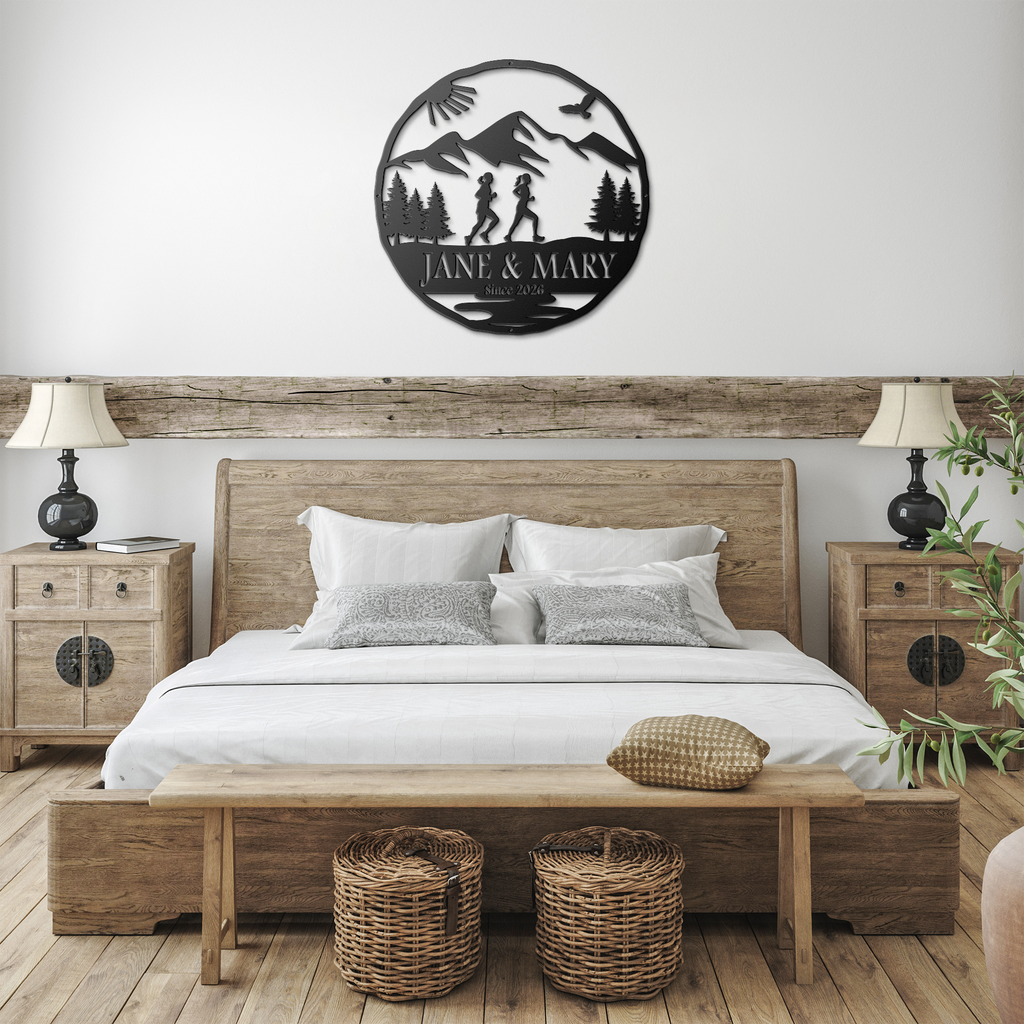 Personalized Couple, Female & Female Running In Mountains Metal Wall Art, Marathon Gift, Ultra Gift, Runner Gift