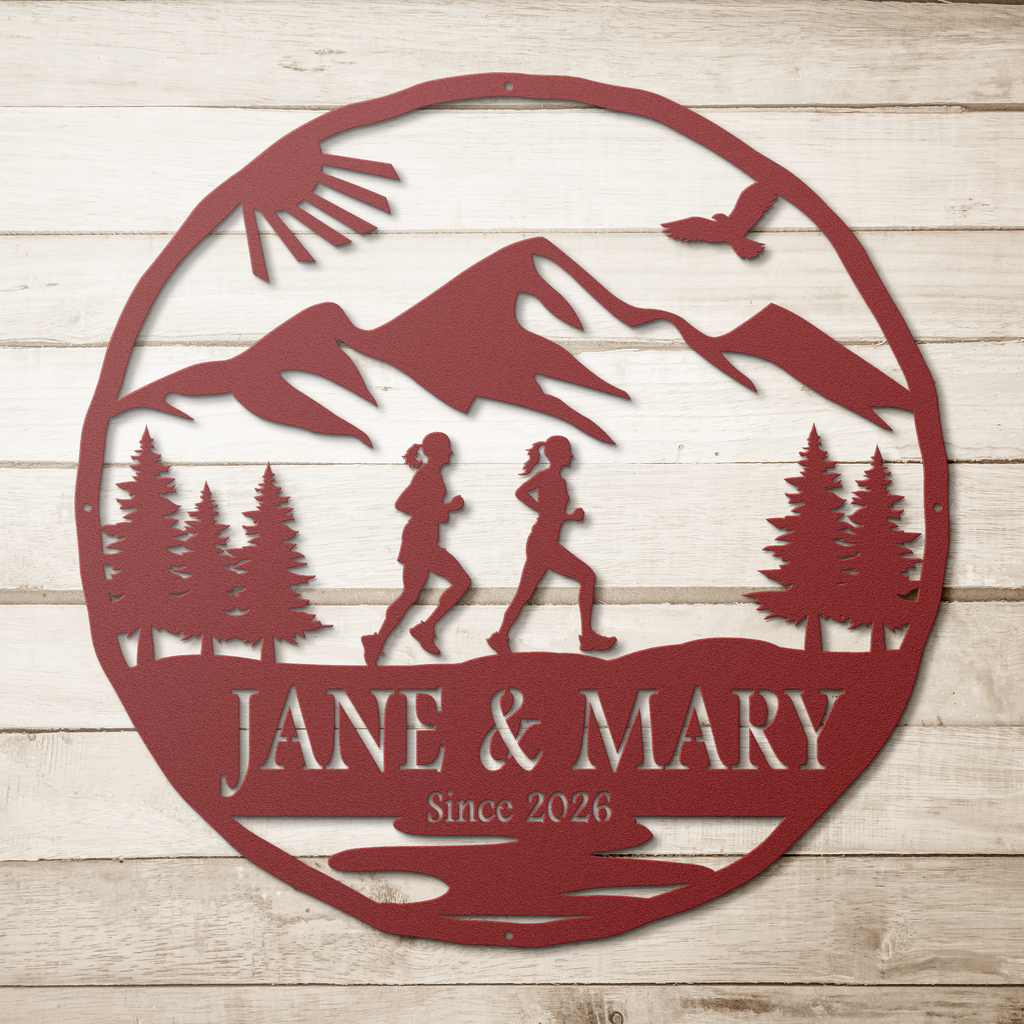 Personalized Couple, Female & Female Running In Mountains Metal Wall Art, Marathon Gift, Ultra Gift, Runner Gift