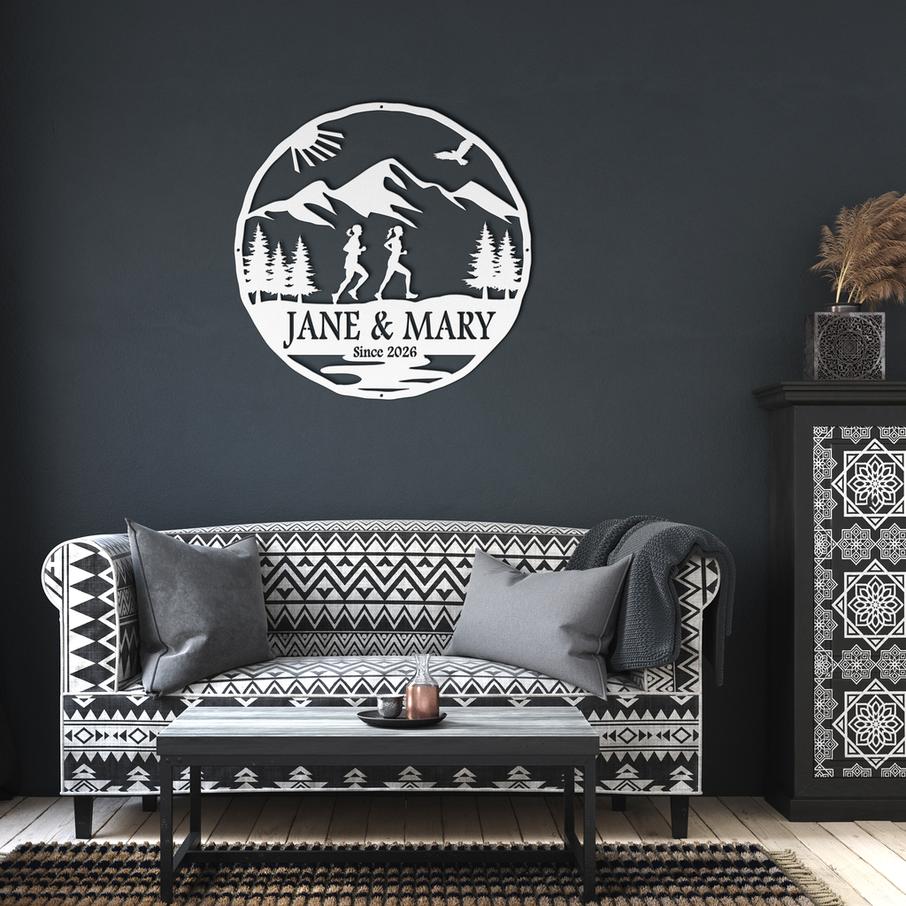 Personalized Couple, Female & Female Running In Mountains Metal Wall Art, Marathon Gift, Ultra Gift, Runner Gift