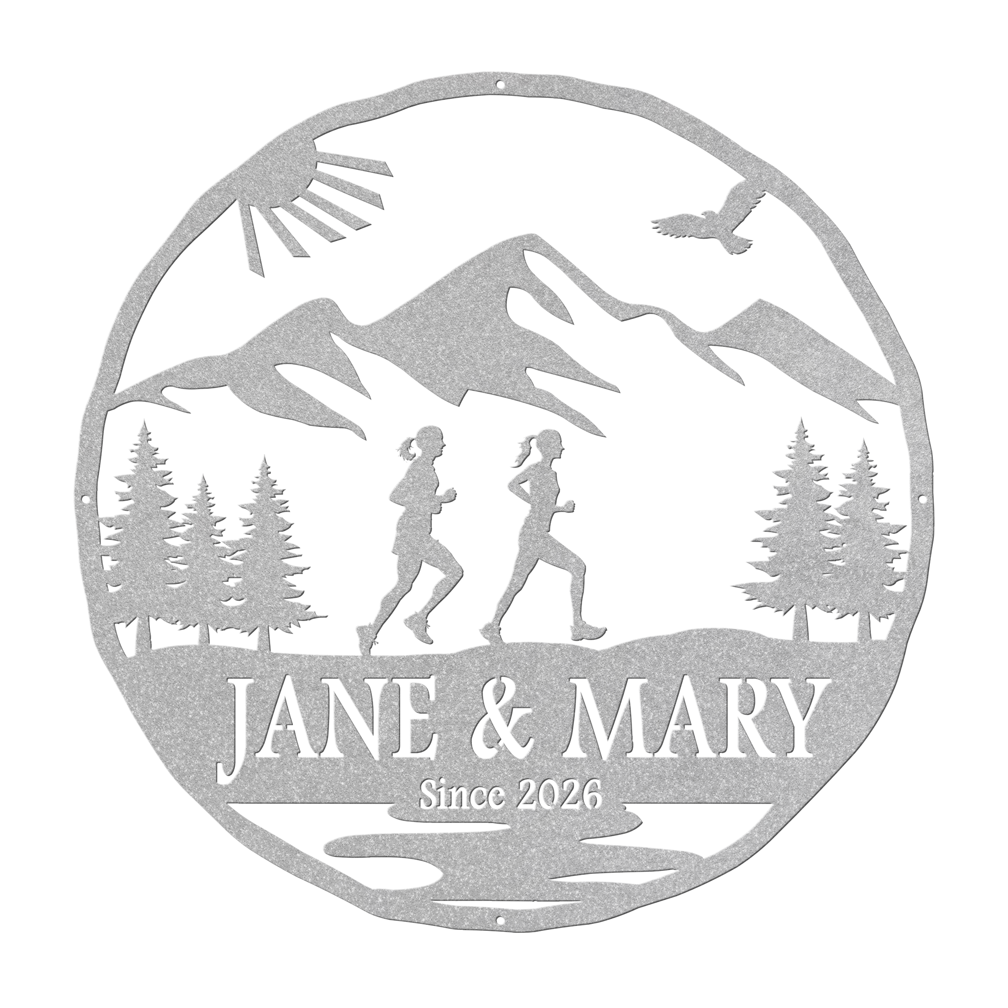 Personalized Couple, Female & Female Running In Mountains Metal Wall Art, Marathon Gift, Ultra Gift, Runner Gift Silver