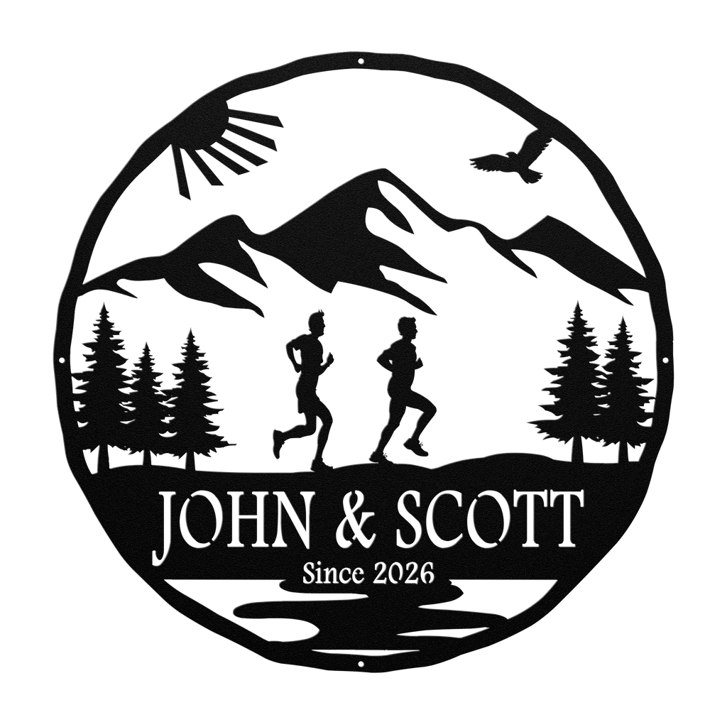Personalized Couple, Male & Male Running In Mountains Metal Wall Art, Marathon Gift, Ultra Gift, Runner Gift