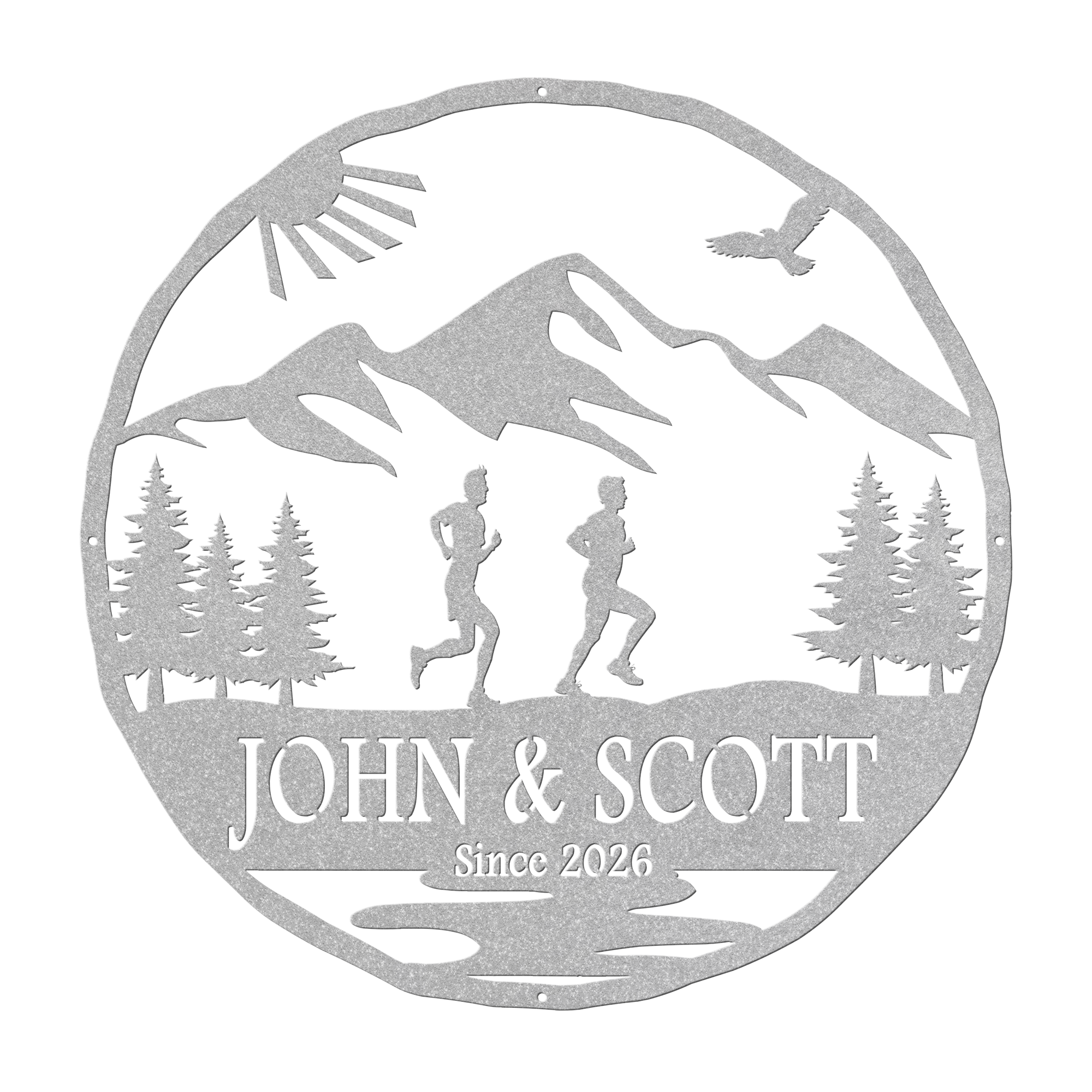 Personalized Couple, Male & Male Running In Mountains Metal Wall Art, Marathon Gift, Ultra Gift, Runner Gift Silver
