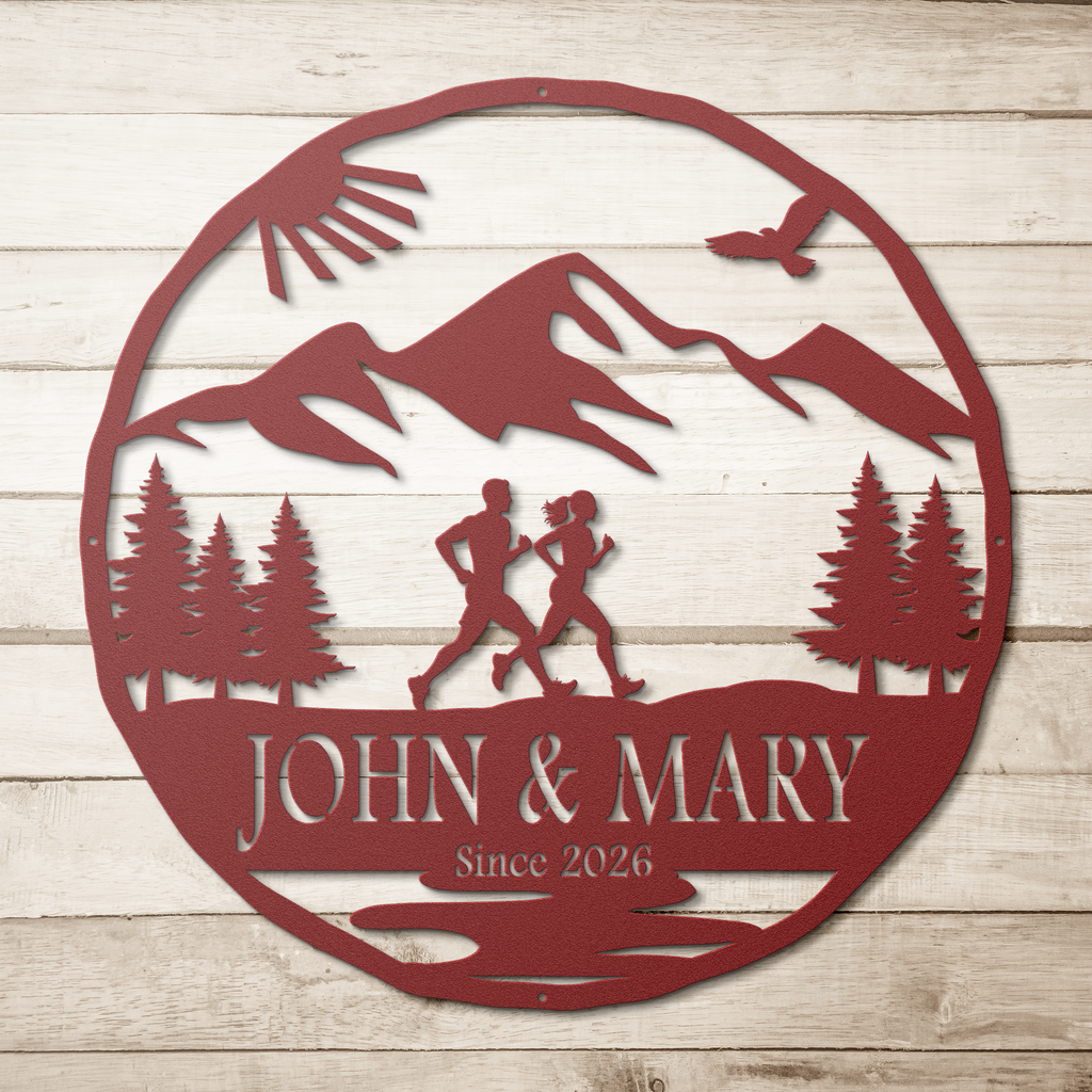 Personalized Couple Running In Mountains Metal Wall Art, Marathon Gift, Ultra Gift, Runner Gift